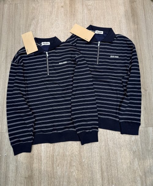 Miu Miu Striped Polo Zip-Up Sweatshirt,Long Sleeve Top For Women, Navy Blue 1 Miu Miu Striped Polo Zip-Up Sweatshirt,Long Sleeve Top For Women, Navy Blue
