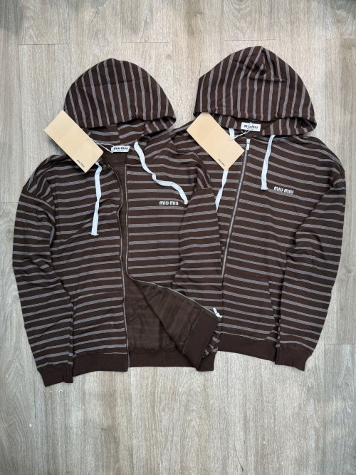 Miu Miu Striped Zip-Up Hoodie Brown Cotton Blend - Luxury Italian Design 1 Miu Miu Striped Zip-Up Hoodie Brown Cotton Blend - Luxury Italian Design