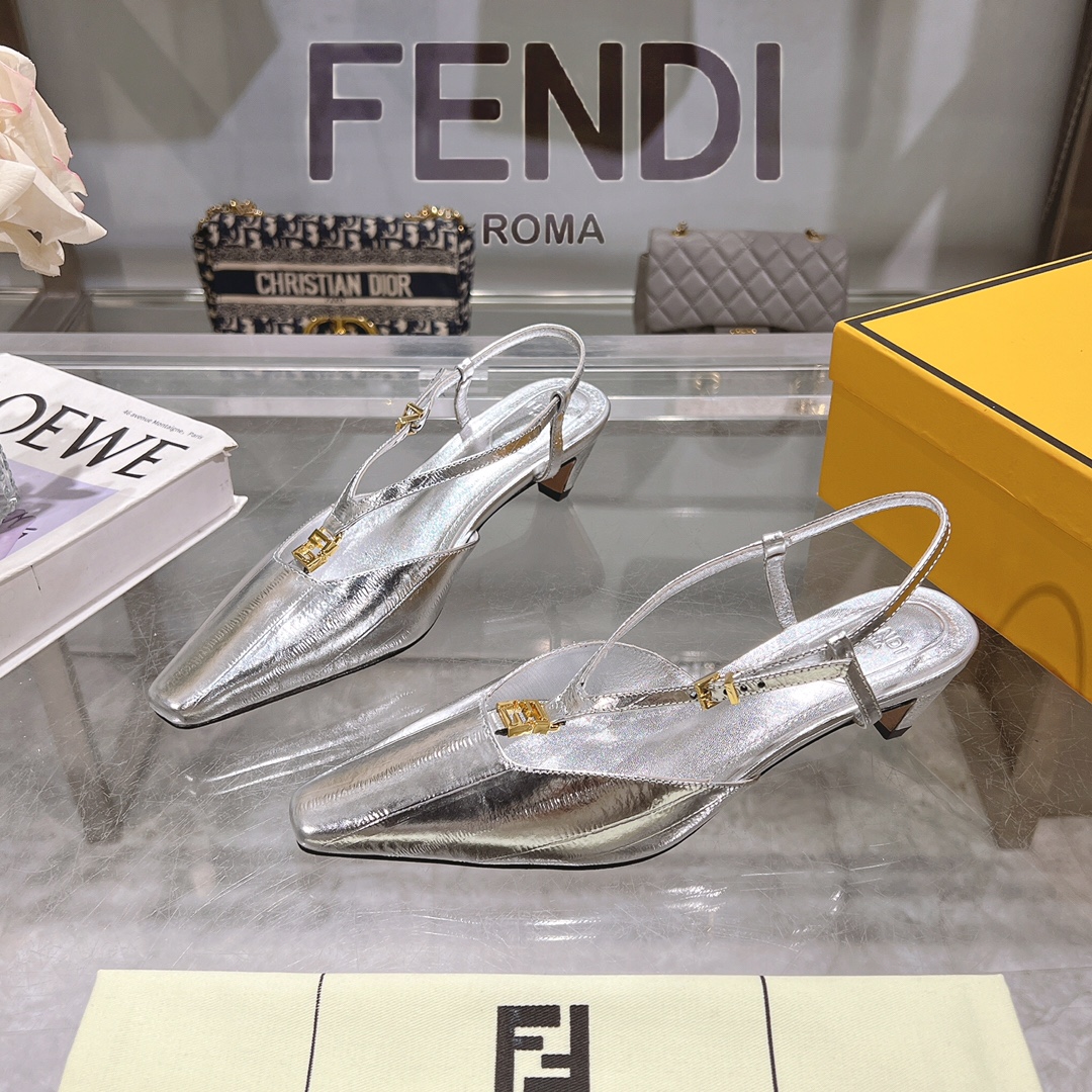 Fendi FFold Square-Toe Slingback Heels in Metallic Eel Skin Leather