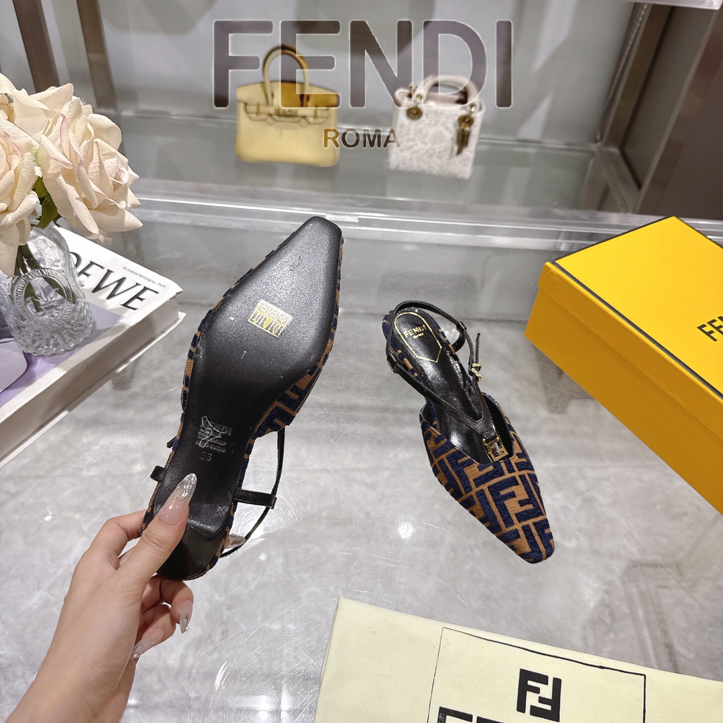 Fendi FFold Square-Toe Chenille Slingback Heels, Designer Style 10 i1743239381297 8819 0 8