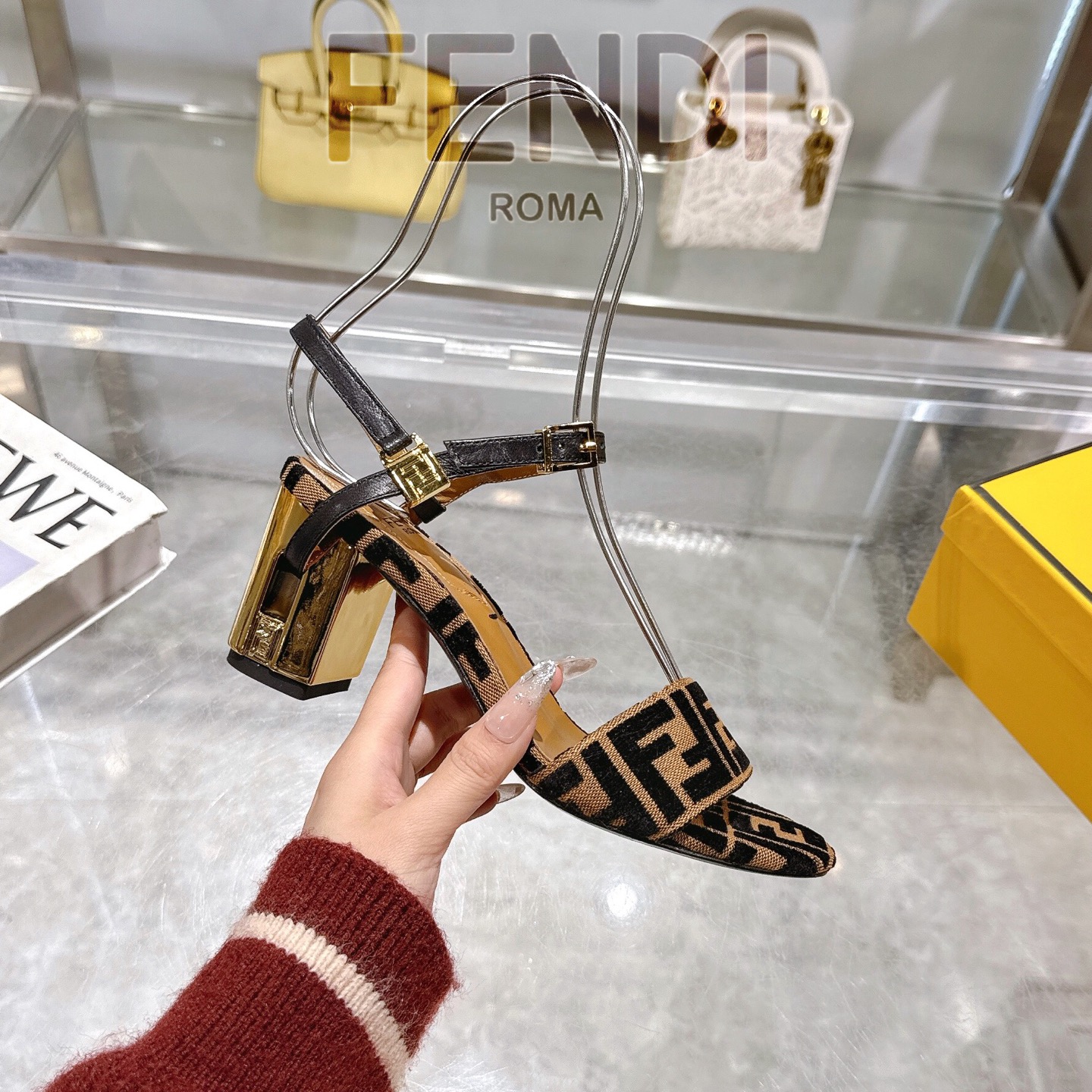 Fendi Delfina Ankle Strap Heeled Sandals with FF Logo and Metallic Heel 1 Fendi Delfina Ankle Strap Heeled Sandals with FF Logo and Metallic Heel