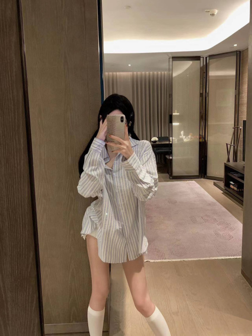 Miu Miu Striped Shirt with Rhinestones, Lightweight and Slim Fit 1 Miu Miu Striped Shirt with Rhinestones, Lightweight and Slim Fit