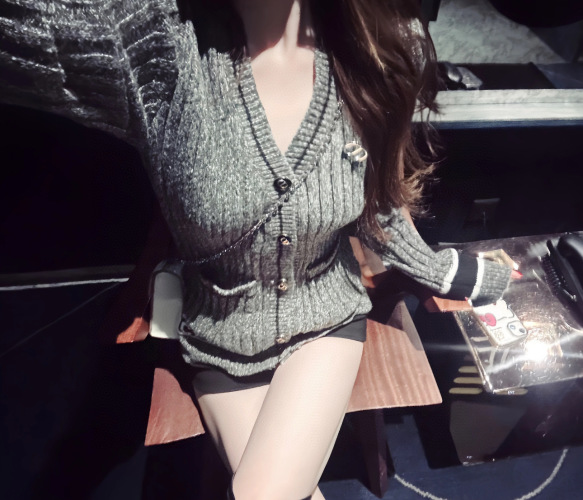 Elegant Silver Gray V-Neck Knit Cardigan with Retro Cuffs for Women 8 Elegant Silver Gray V-Neck Knit Cardigan with Retro Cuffs for Women
