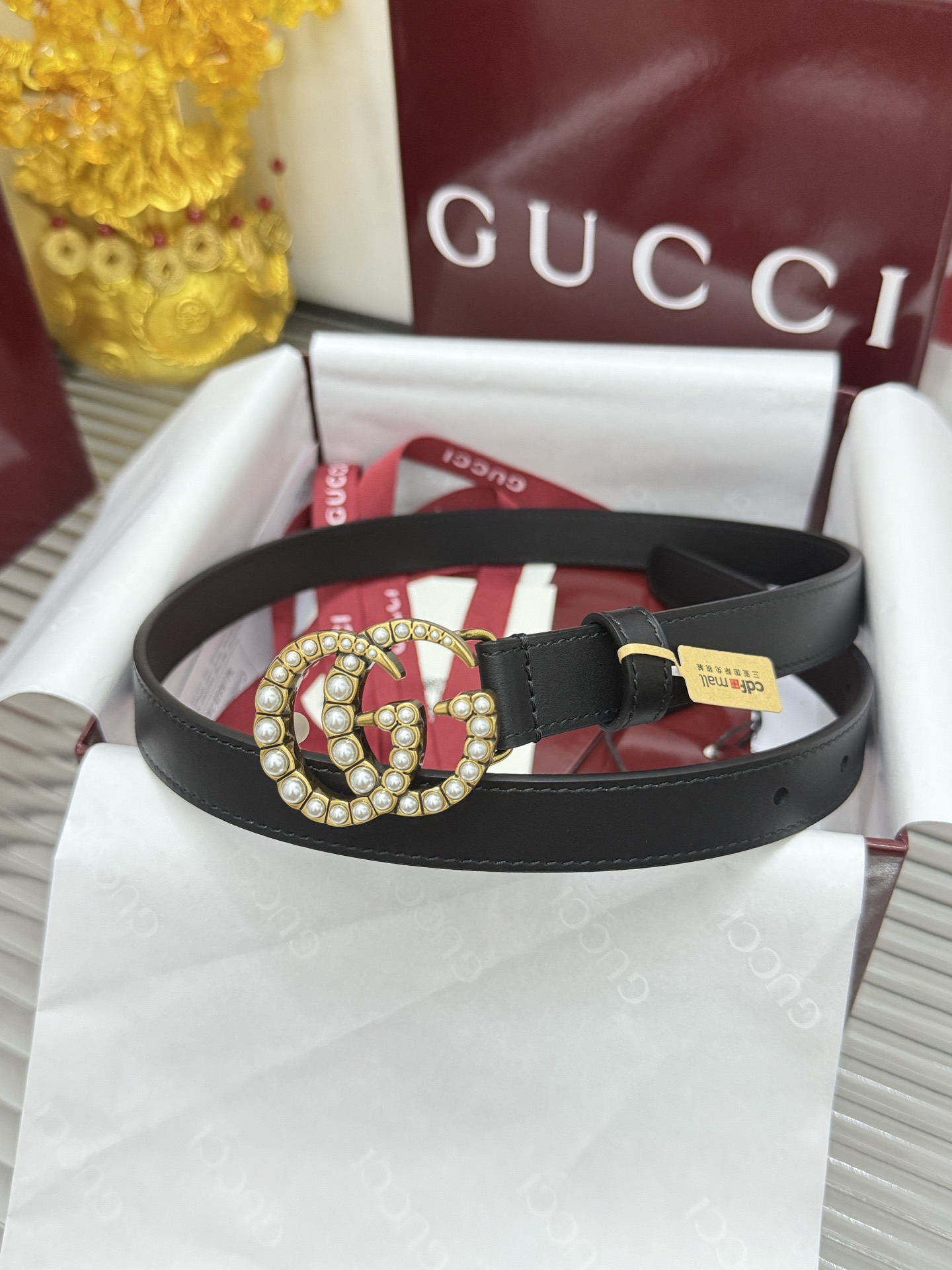 Gucci 宽度：𝟮 𝟬𝗰𝗺 古驰 Gucci « 配全套 原包装 » 小牛皮+精品纯铜镶珠牢固不掉 代购正货级 · 精细完美走线 细节 工整 高品质质量