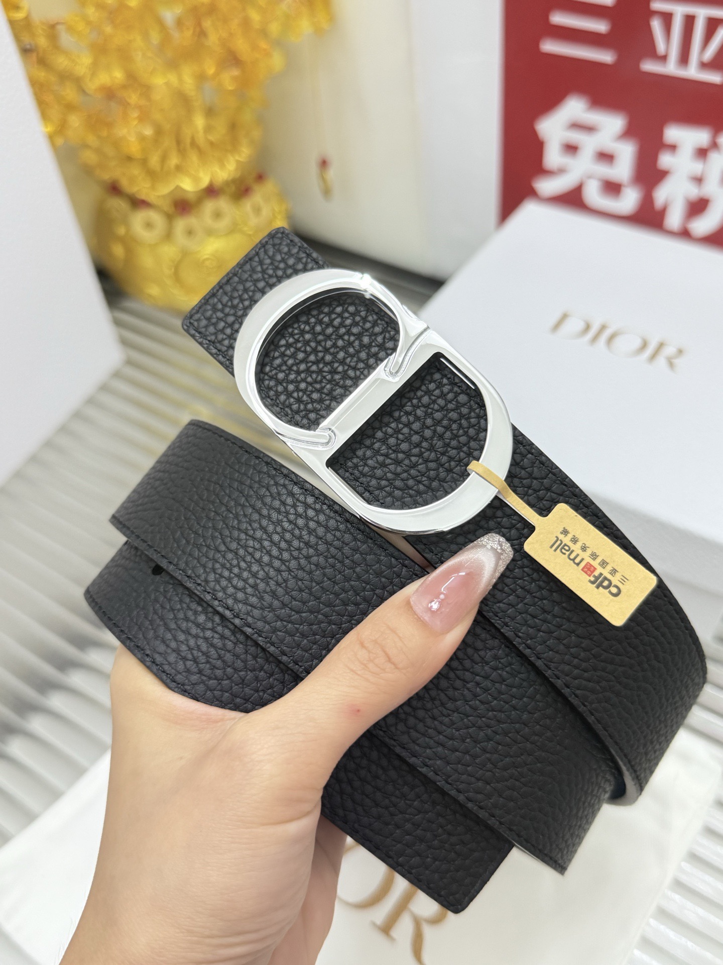Dior 宽度：𝟑 𝟱𝗰𝗺 迪奥Dior « 配全套 原包装 » 系列 双面可使用黑+蓝 进口小牛皮荔枝纹+精品纯铜五金扣