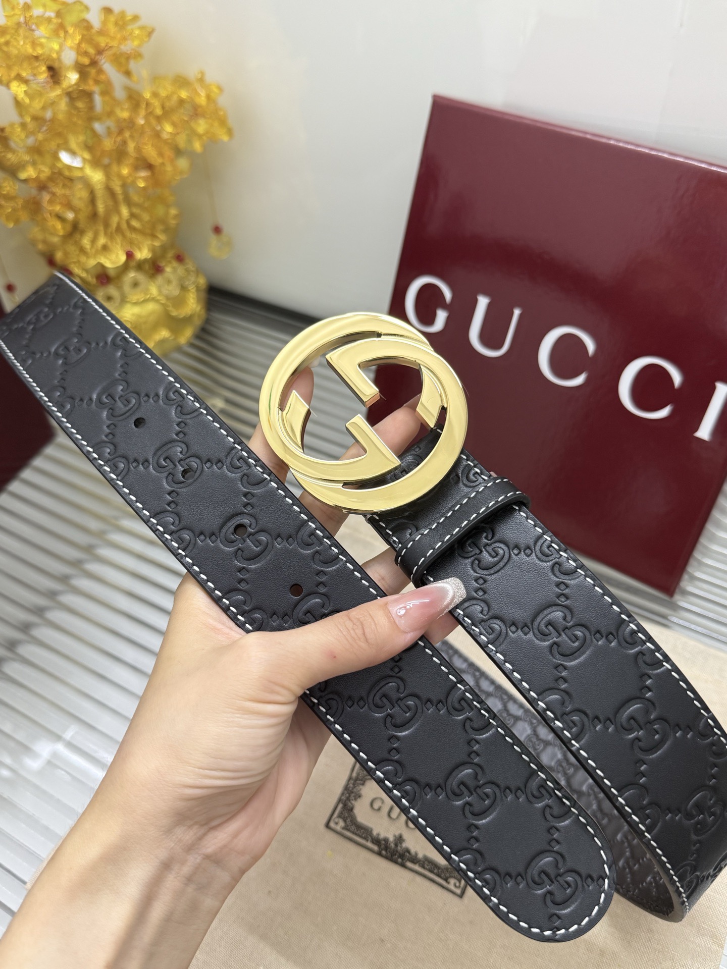 Gucci 宽度：𝟰.𝟬𝗰𝗺 古驰 Gucci « 配全套 原包装 » 双面压花 进口小牛皮+精品纯铜五金扣