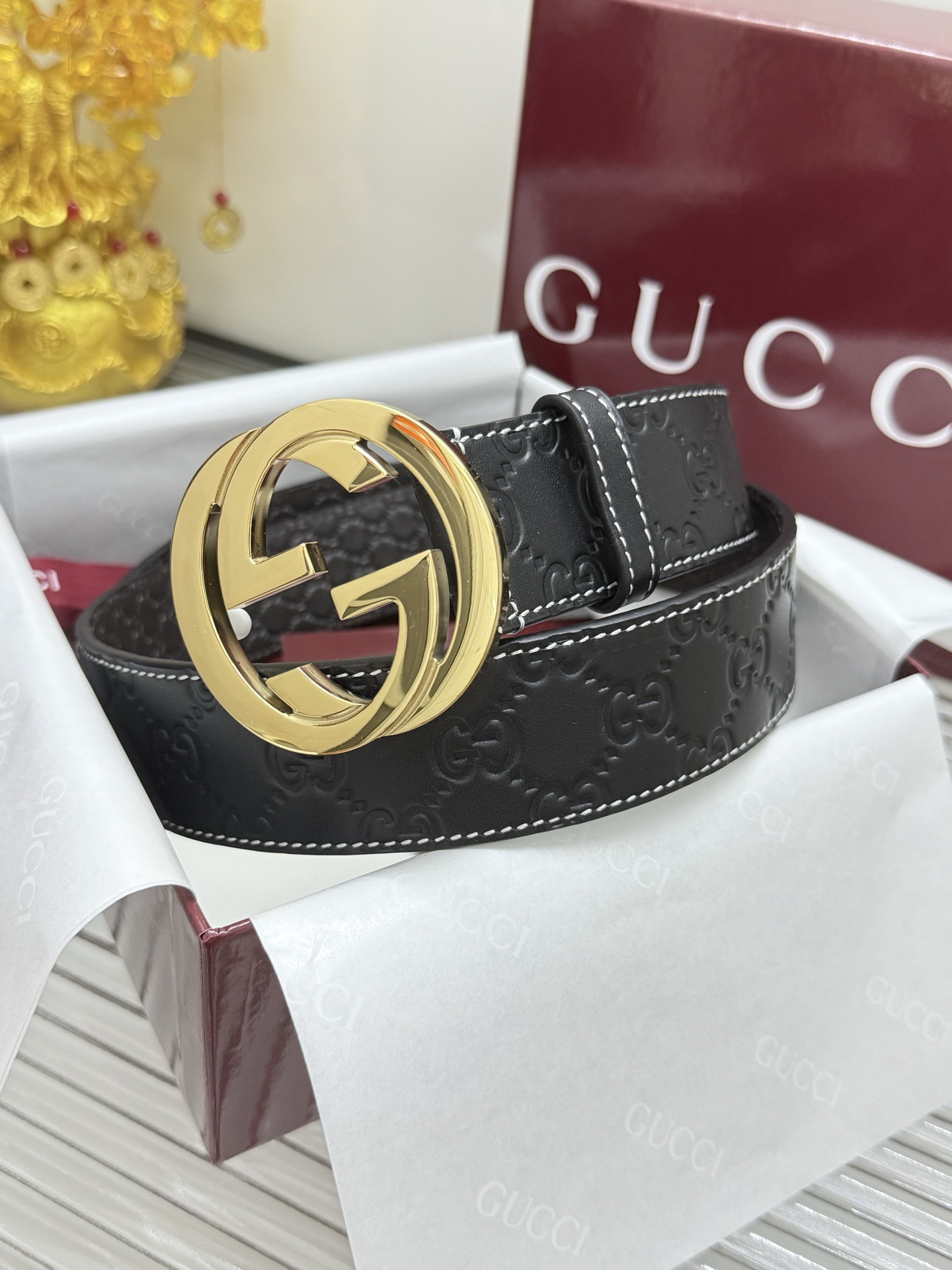 Gucci 宽度：𝟰.𝟬𝗰𝗺 古驰 Gucci « 配全套 原包装 » 双面压花 进口小牛皮+精品纯铜五金扣