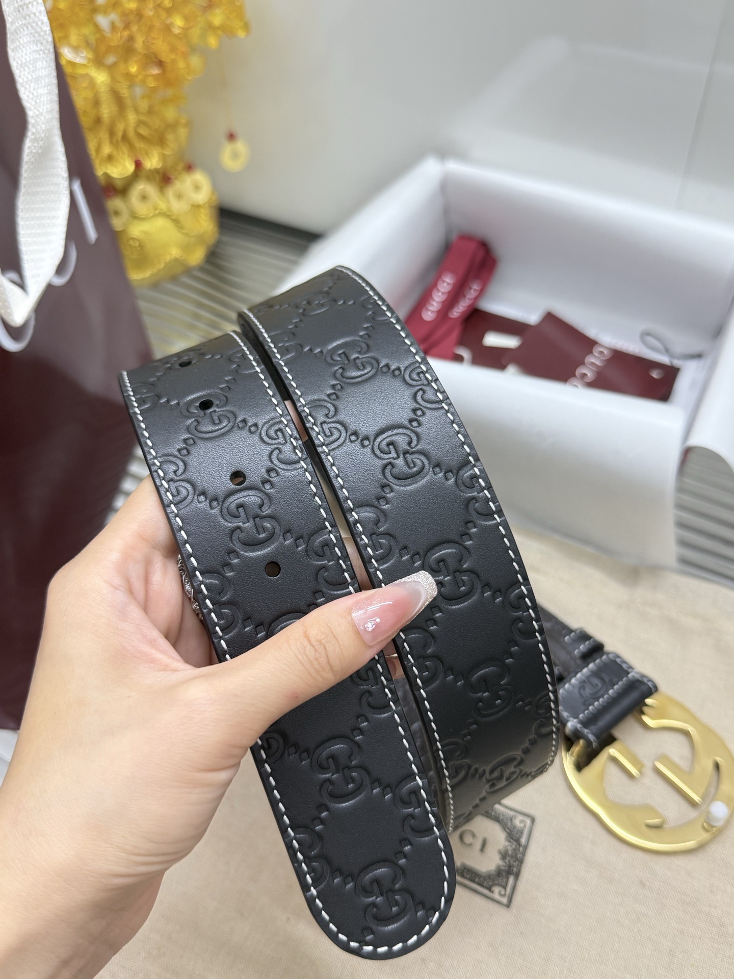 Gucci 宽度：𝟰.𝟬𝗰𝗺 古驰 Gucci « 配全套 原包装 » 双面压花 进口小牛皮+精品纯铜五金扣