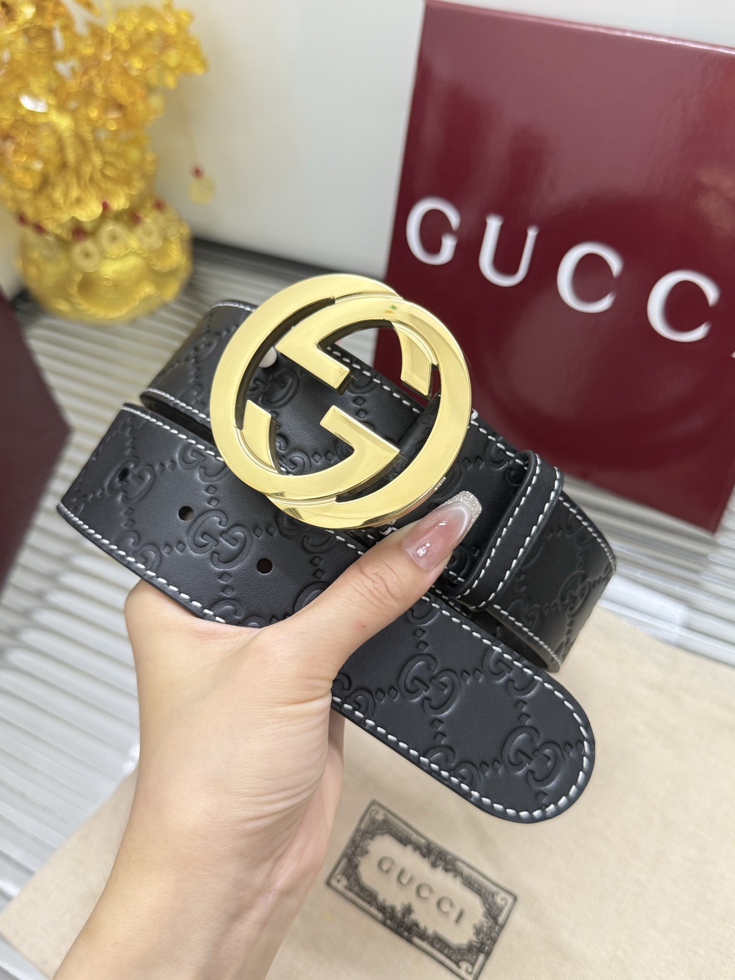 Gucci 宽度：𝟰.𝟬𝗰𝗺 古驰 Gucci « 配全套 原包装 » 双面压花 进口小牛皮+精品纯铜五金扣