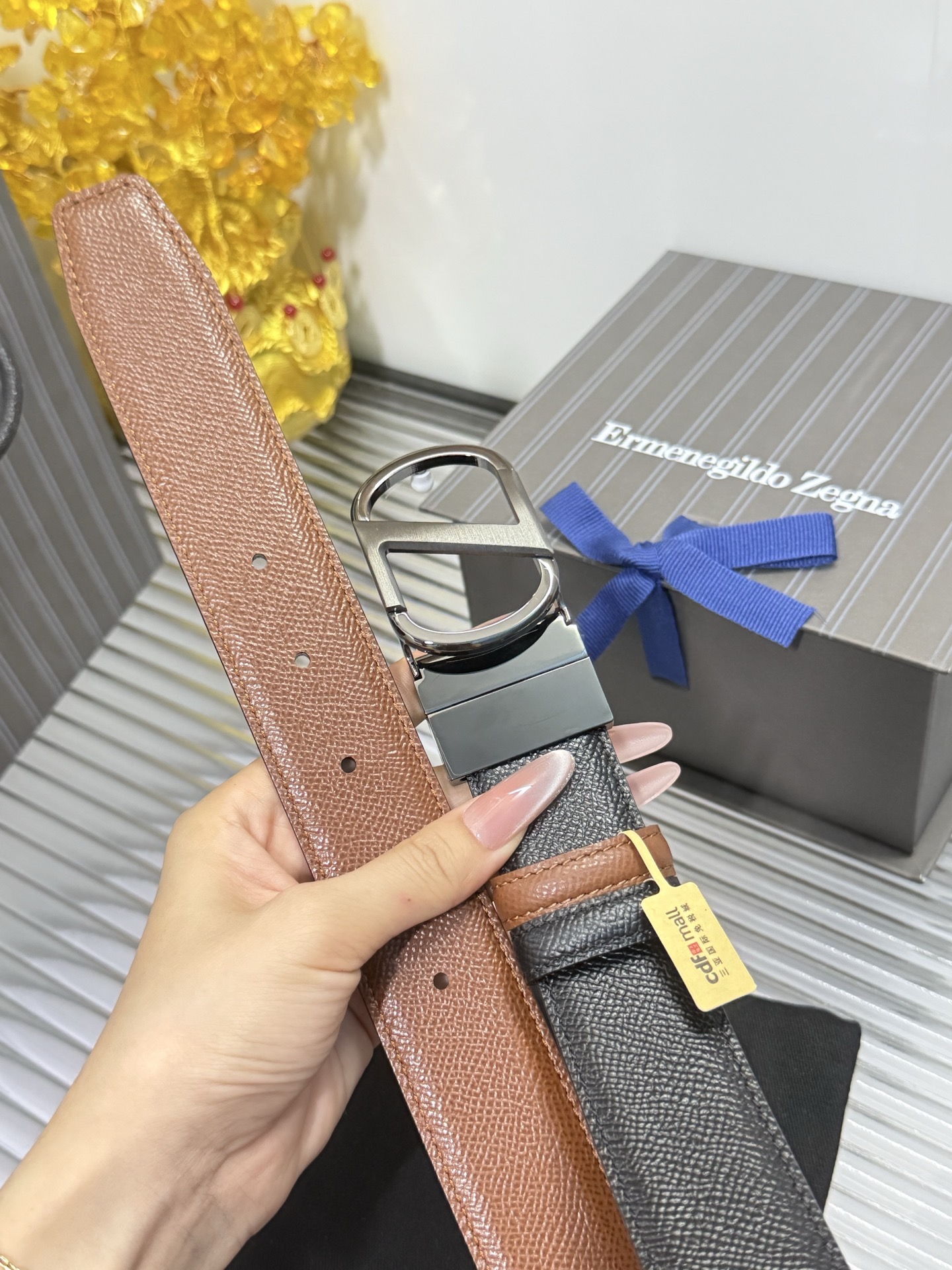 Ermenegildo Zegna 宽度：𝟑 𝟱𝗰𝗺 杰尼亚 Zegna « 配全套 原包装 » 小牛皮/长度自由裁剪合适尺码 双面使用+精品纯钢五金扣