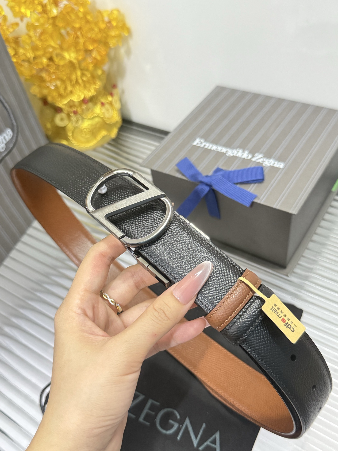 Ermenegildo Zegna 宽度：𝟑 𝟱𝗰𝗺 杰尼亚 Zegna « 配全套 原包装 » 小牛皮/长度自由裁剪合适尺码 双面使用+精品纯钢五金扣