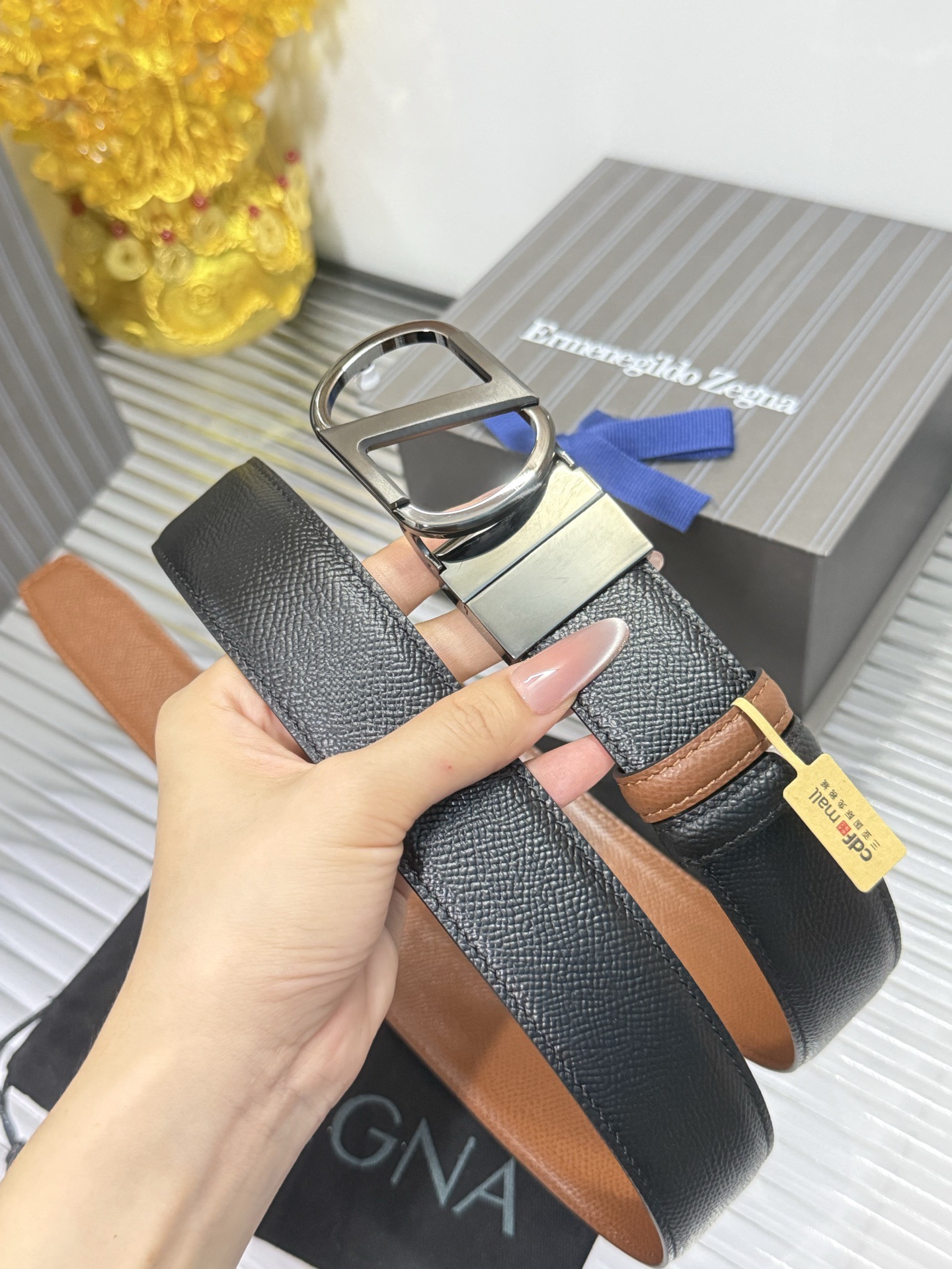 Ermenegildo Zegna 宽度：𝟑 𝟱𝗰𝗺 杰尼亚 Zegna « 配全套 原包装 » 小牛皮/长度自由裁剪合适尺码 双面使用+精品纯钢五金扣