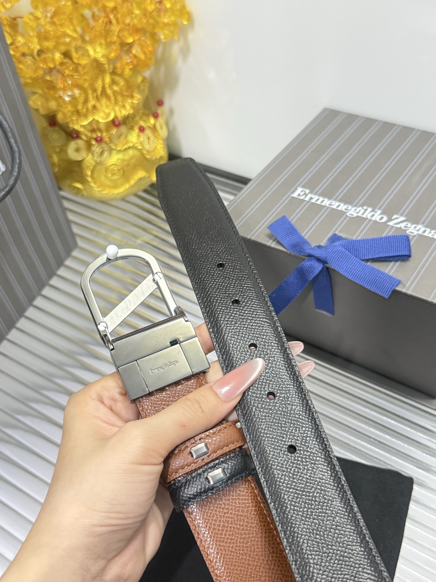 Ermenegildo Zegna 宽度：𝟑 𝟱𝗰𝗺 杰尼亚 Zegna « 配全套 原包装 » 小牛皮/长度自由裁剪合适尺码 双面使用+精品纯钢五金扣