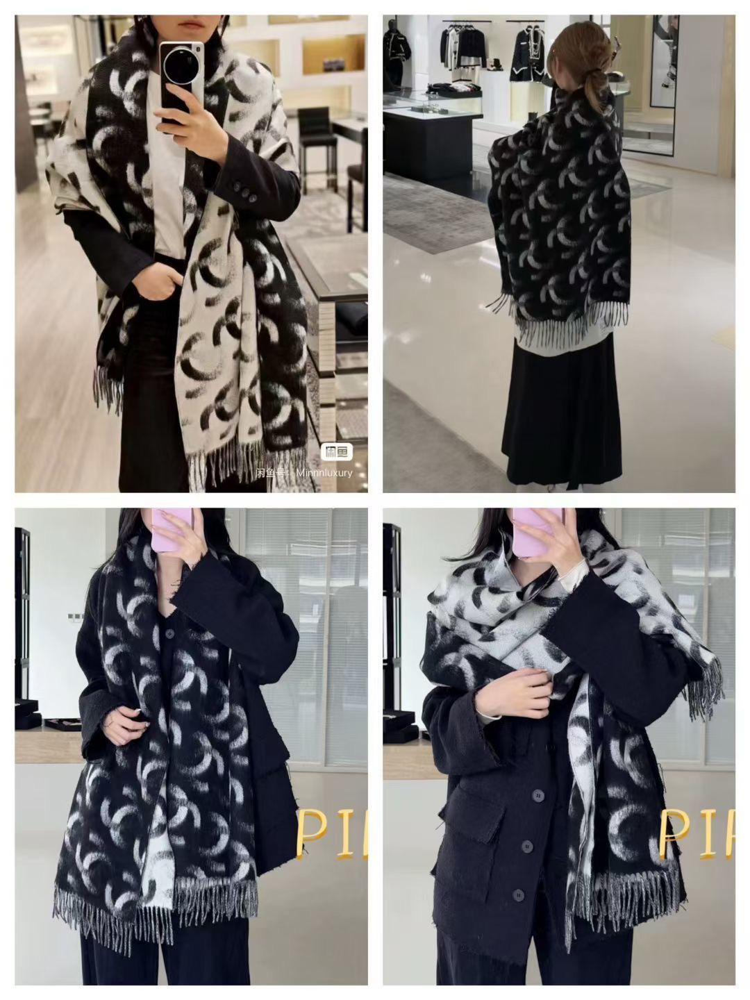 香奶奶独家新款，25k系列哈双面黑白熊猫渐变色Logo双C羊绒围巾披肩，规格，210cm×65cm，100%羊绒， 国内