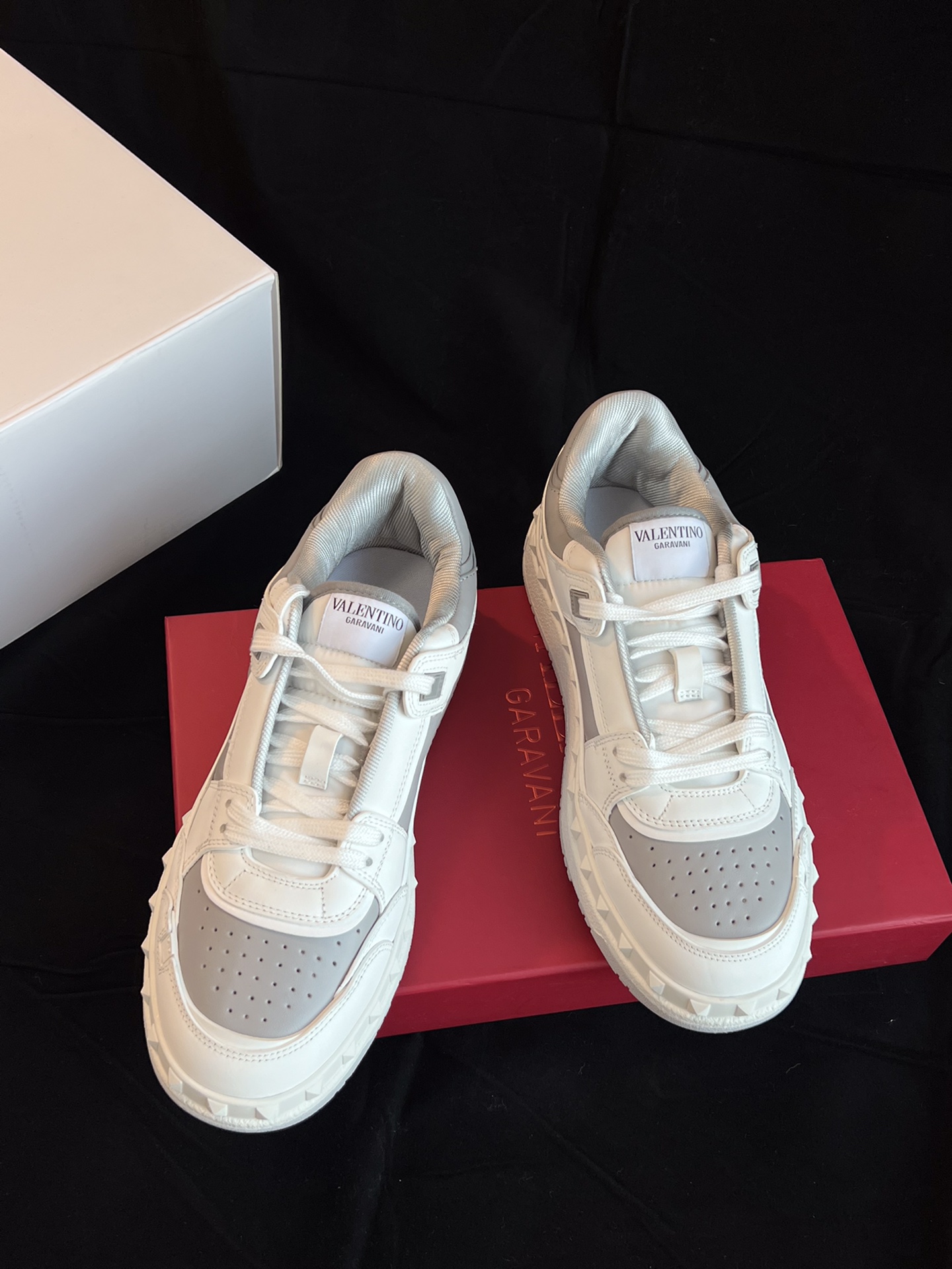 Valentino low-top sneakers calfskin studs white grey