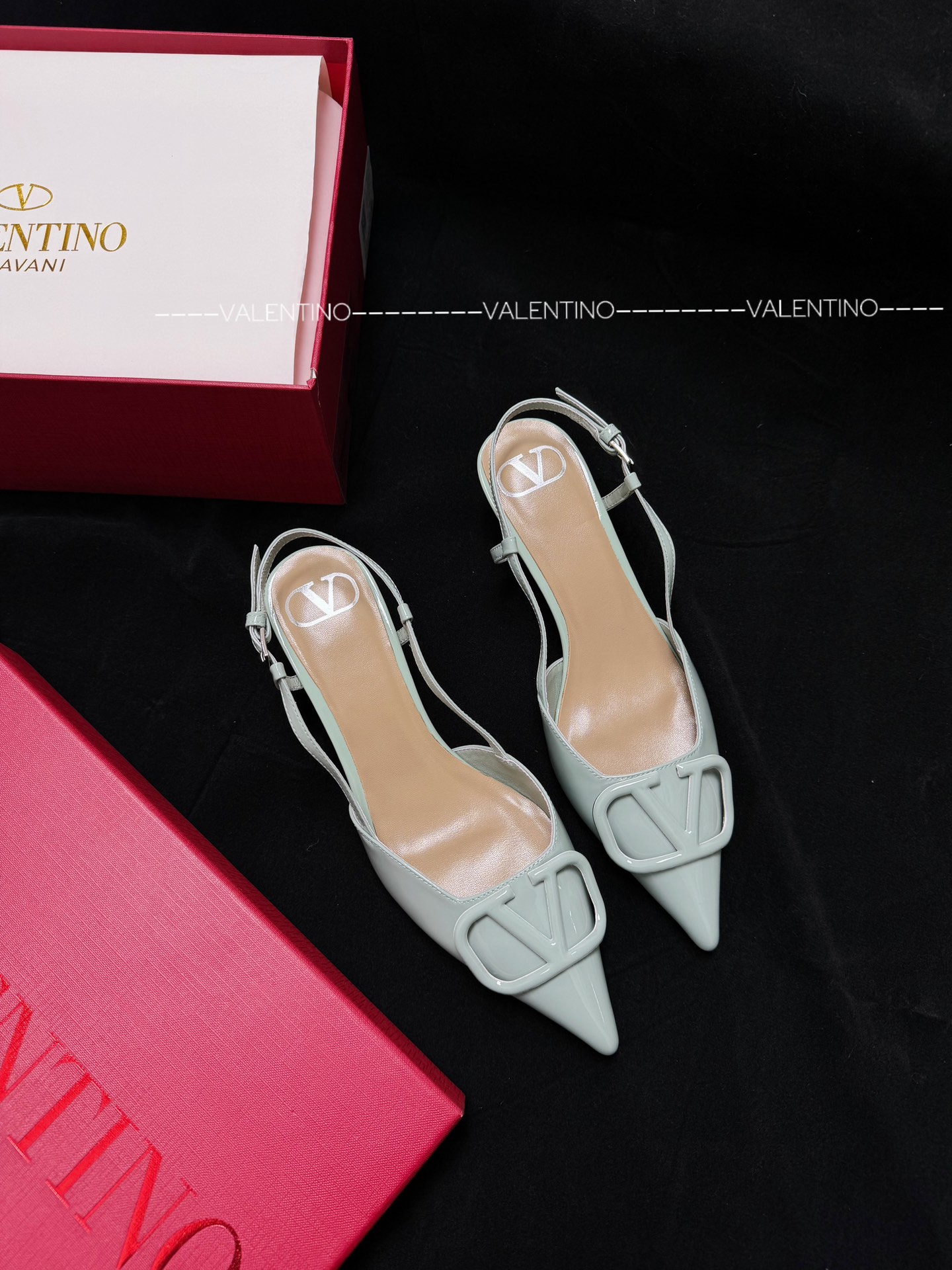 Valentino Pointed Toe Patent Leather Slingback High Heels V Logo