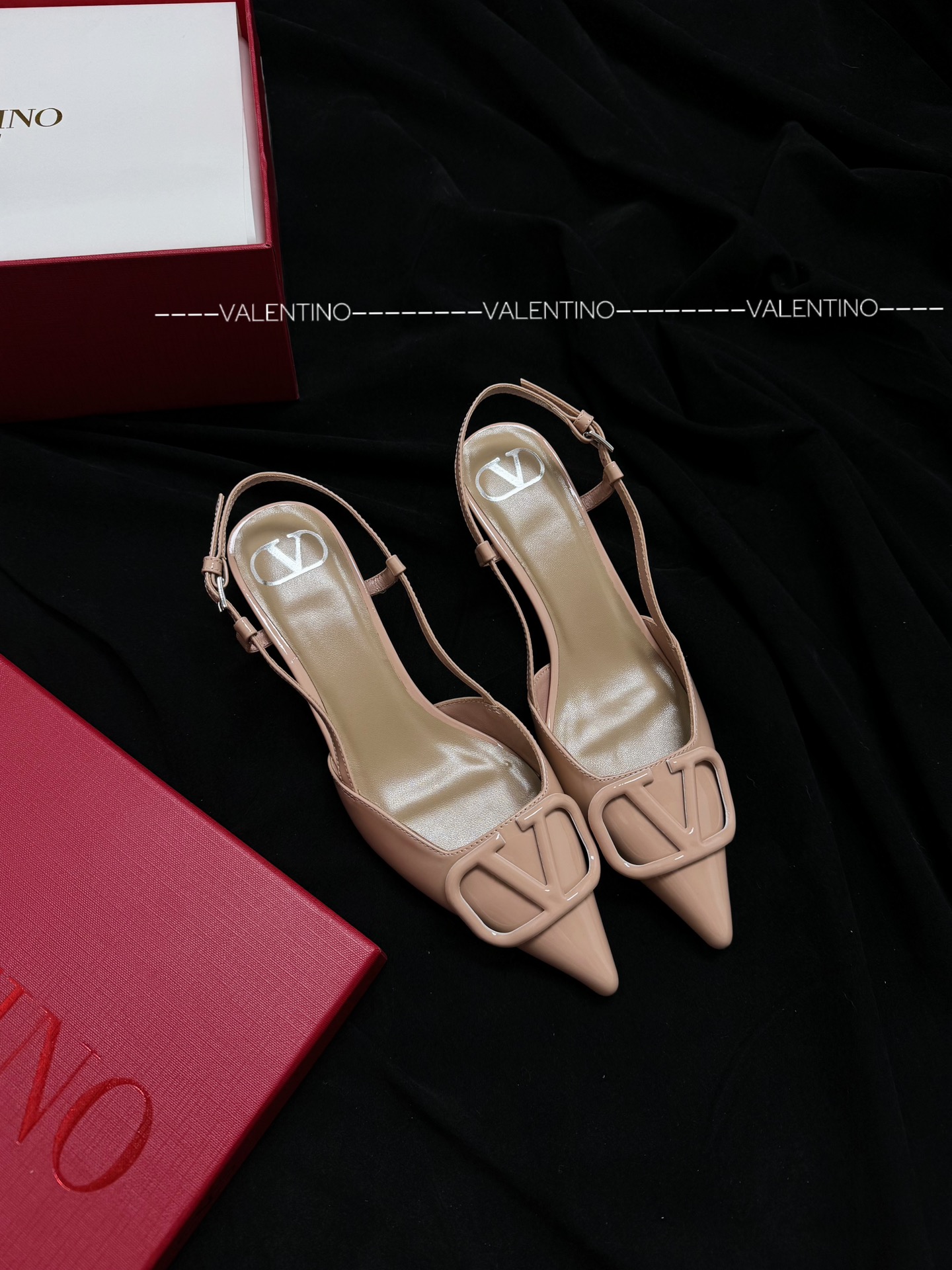 Valentino Pointed Toe Patent Leather Slingback High Heels V Logo