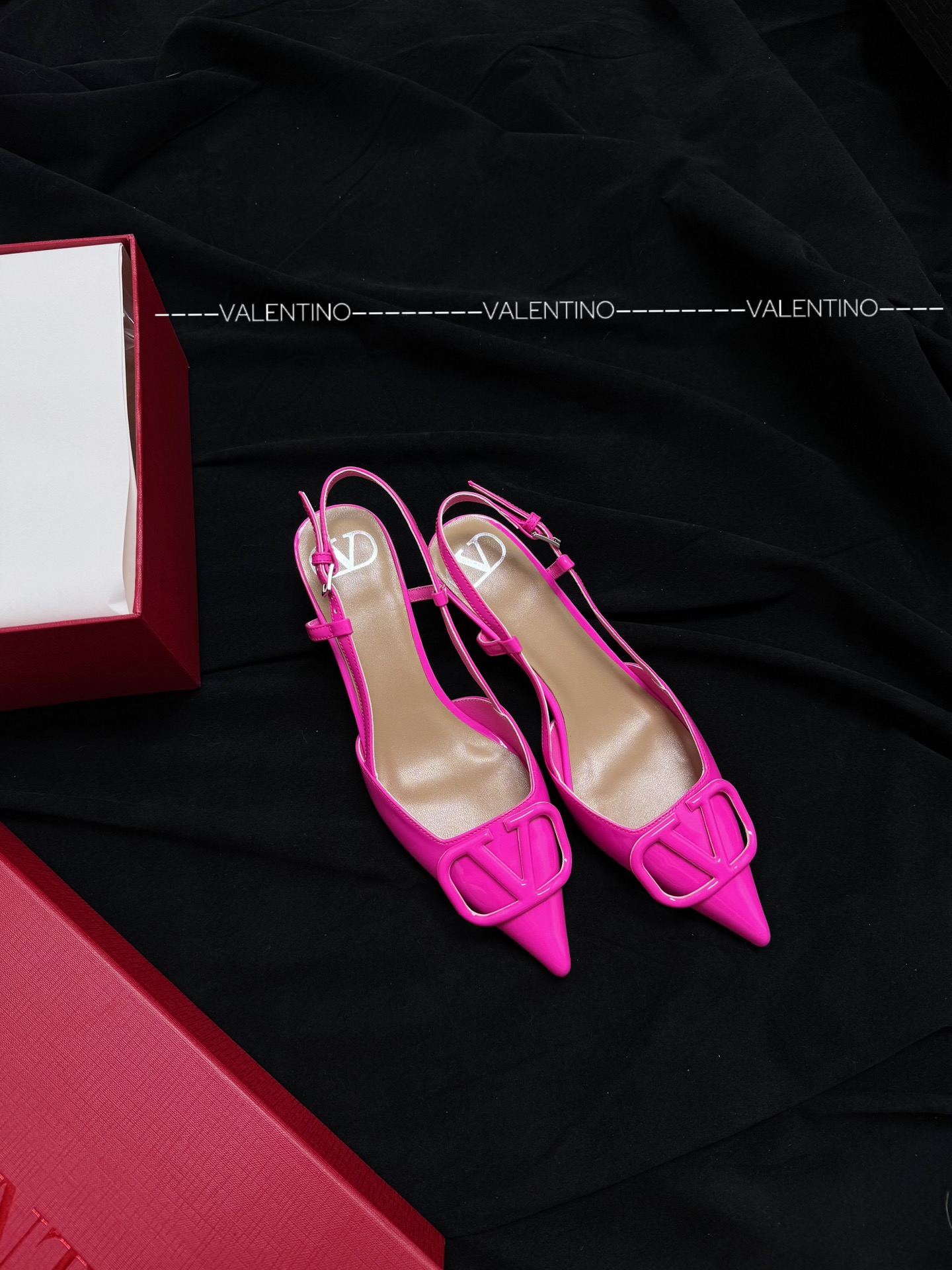 Valentino Pointed Toe Patent Leather Slingback High Heels with VLogo Leather Buckle