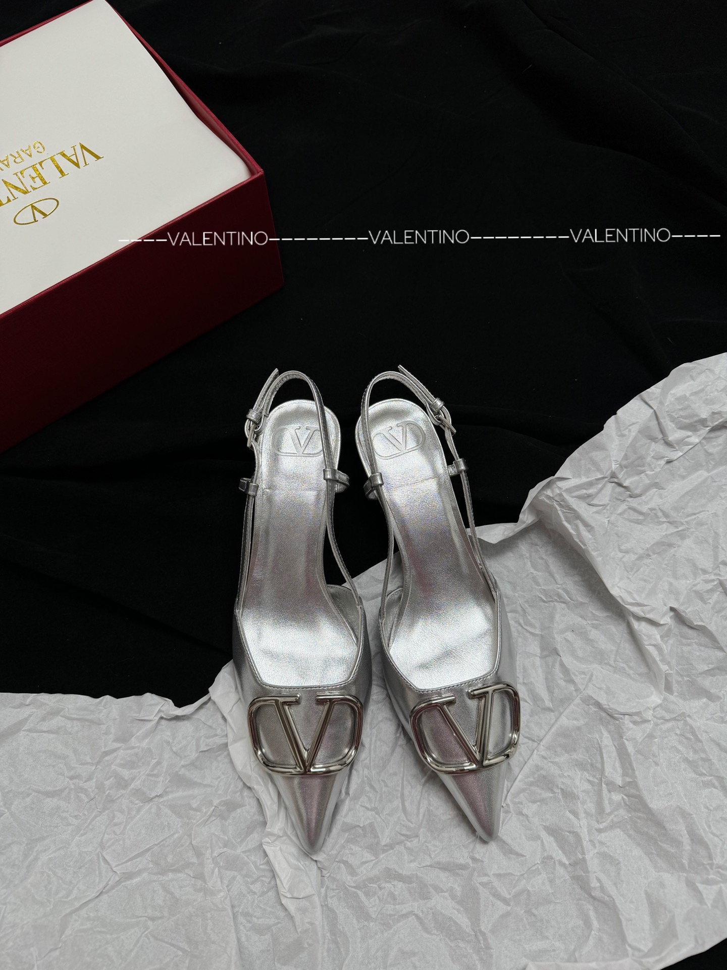 Valentino Pointed Toe Metallic Leather Slingback High Heels VLogo Buckle