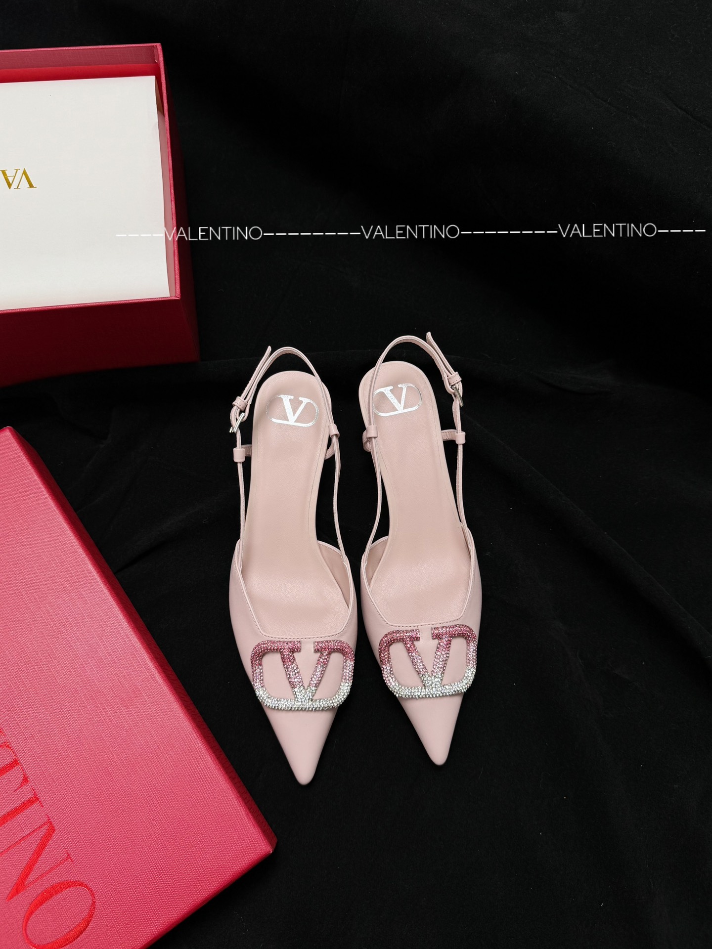Valentino pointed-toe gradient rhinestone buckle calf leather slingback pumps