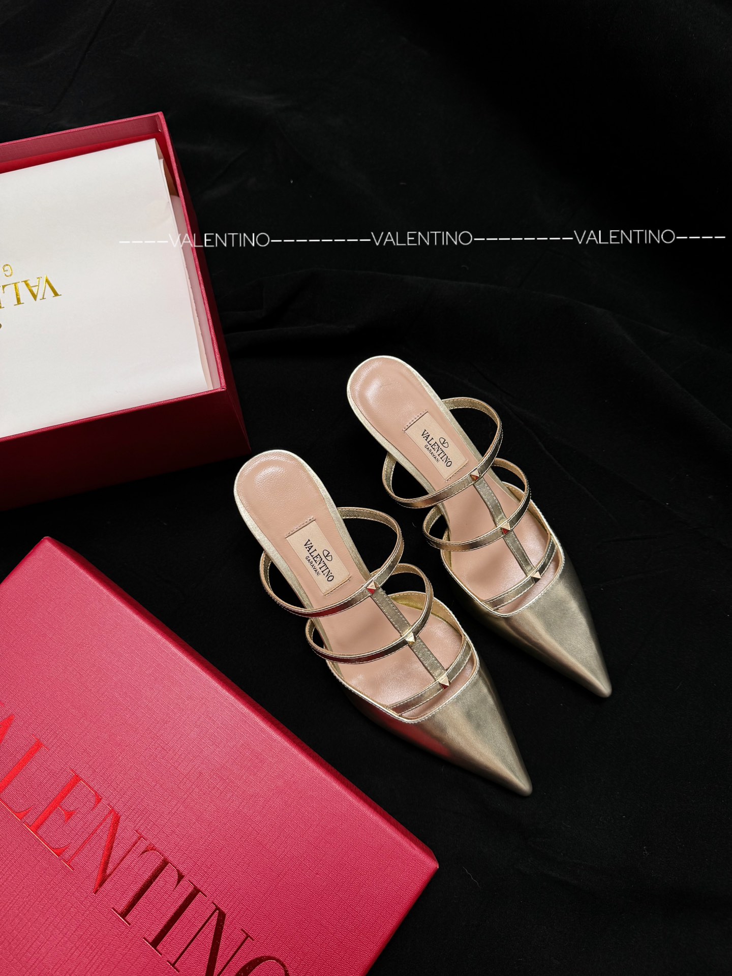 Valentino Sandals Calfskin Pointed Toe Slingback Studs Stiletto