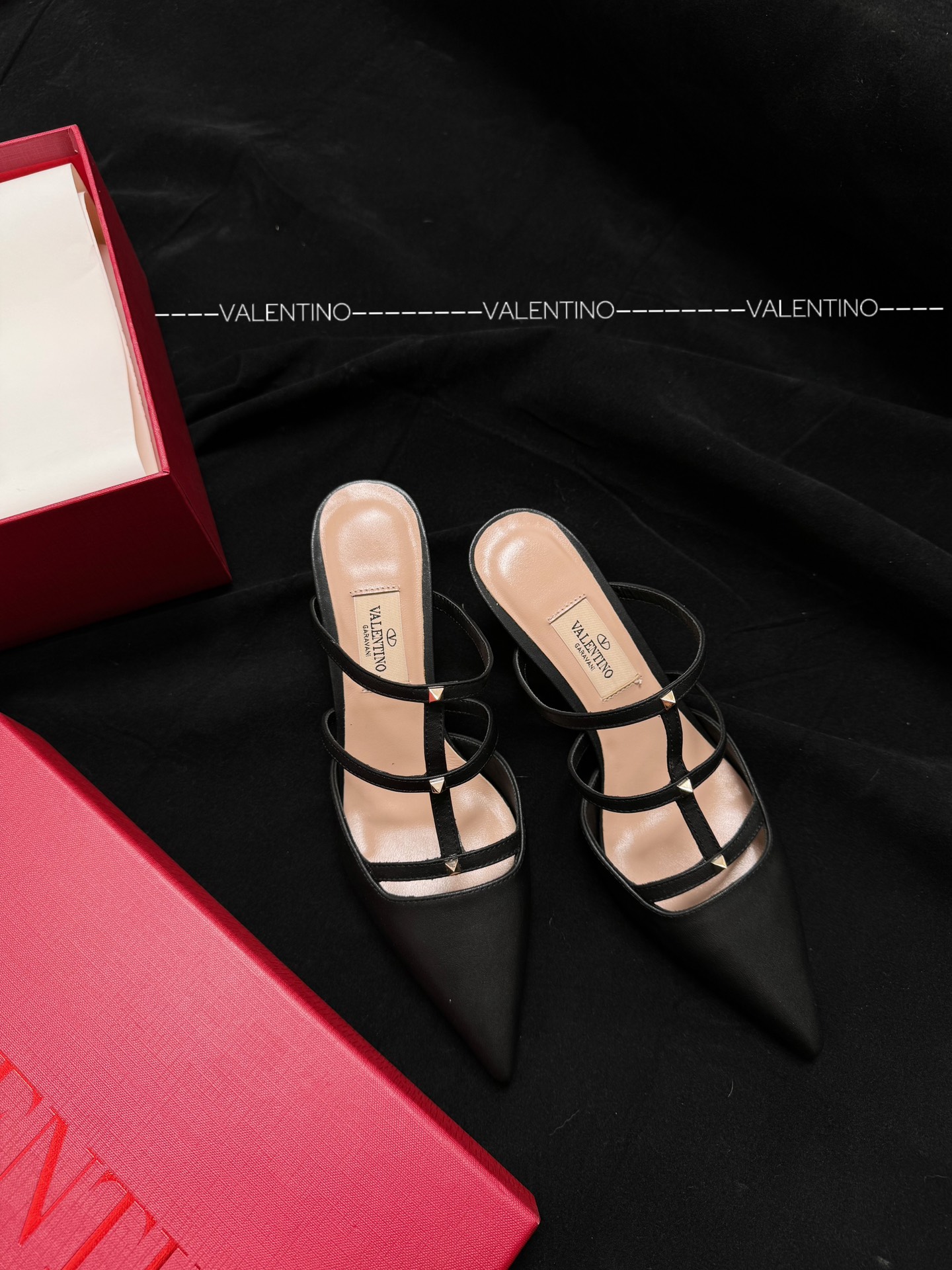 Valentino Sandals Calfskin Studs Pointed Toe Slingback Stiletto