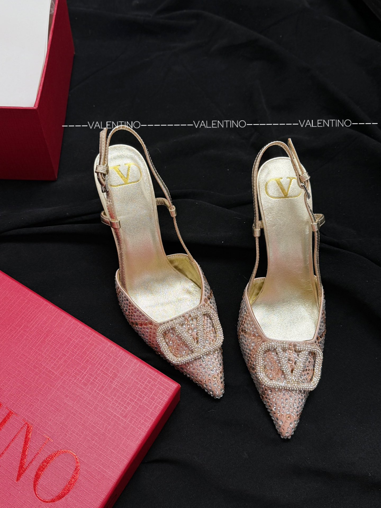 Valentino High Heel Sandals with Crystal-Embellished Buckle, Calfskin, Pointed Toe, Stiletto Heel