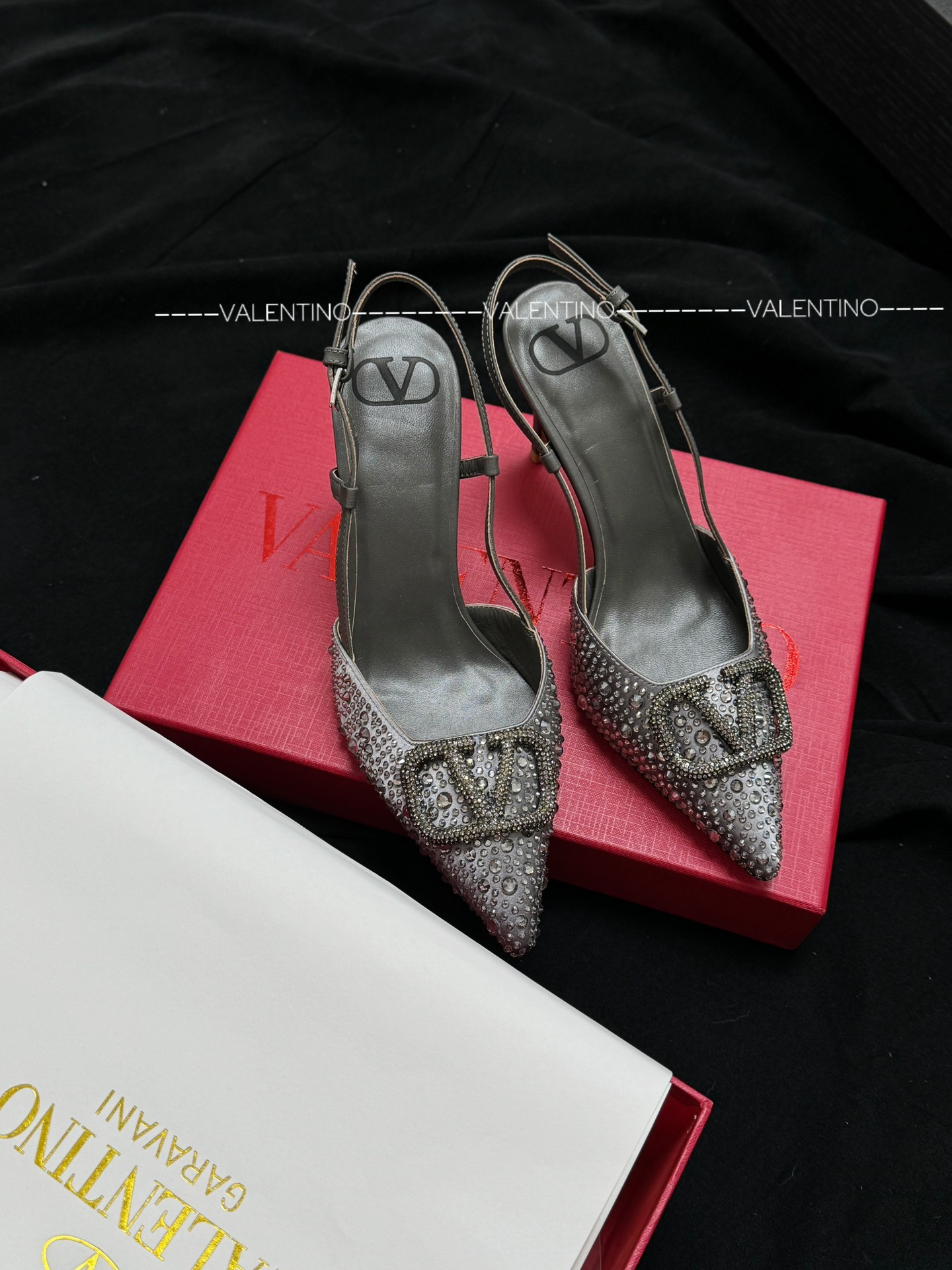 Valentino High Heel Sandals Calfskin Crystal-Embellished Buckle Pointed Toe