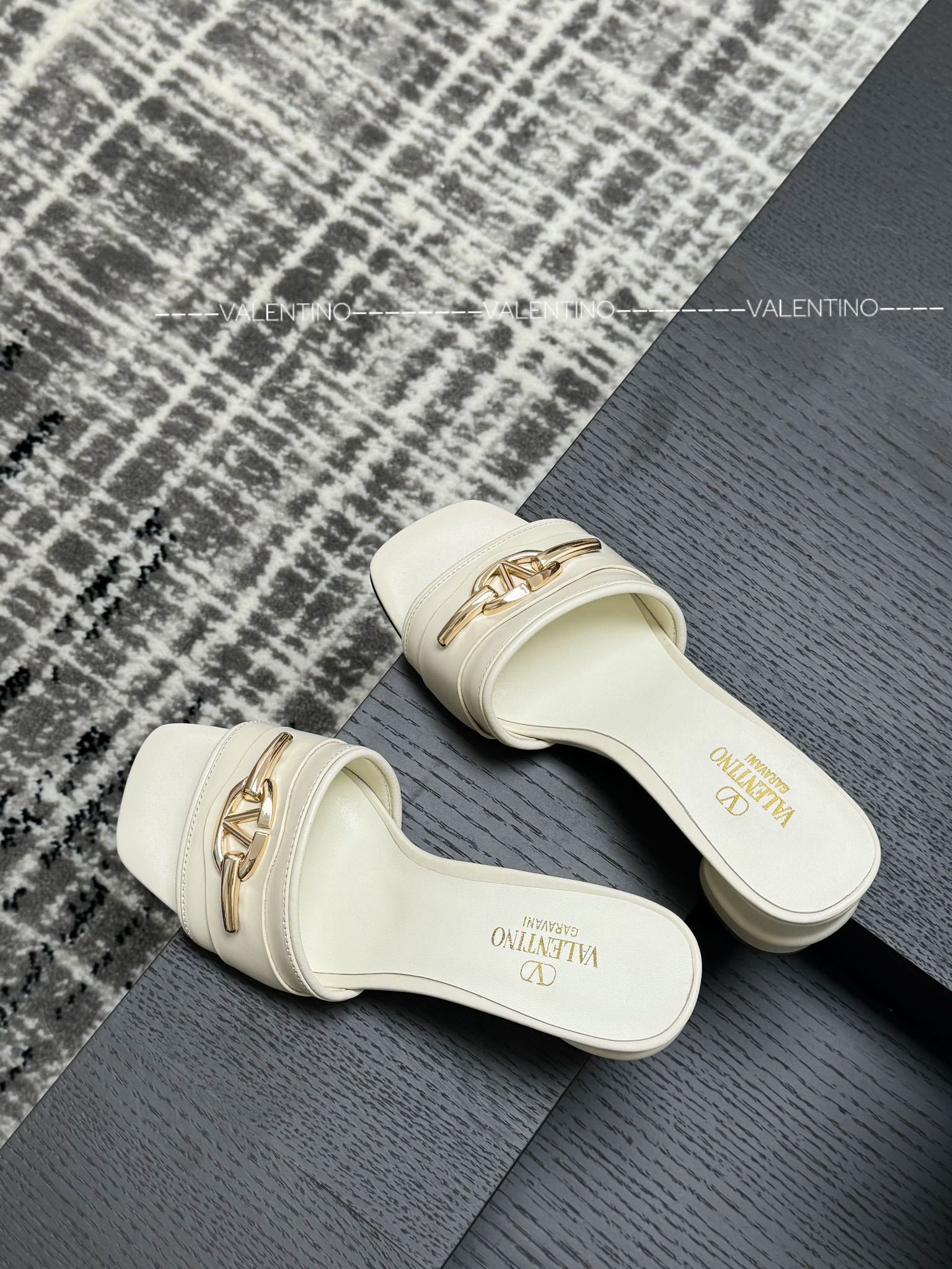 Valentino Leather Chunky Heel Slippers VLogo Buckle