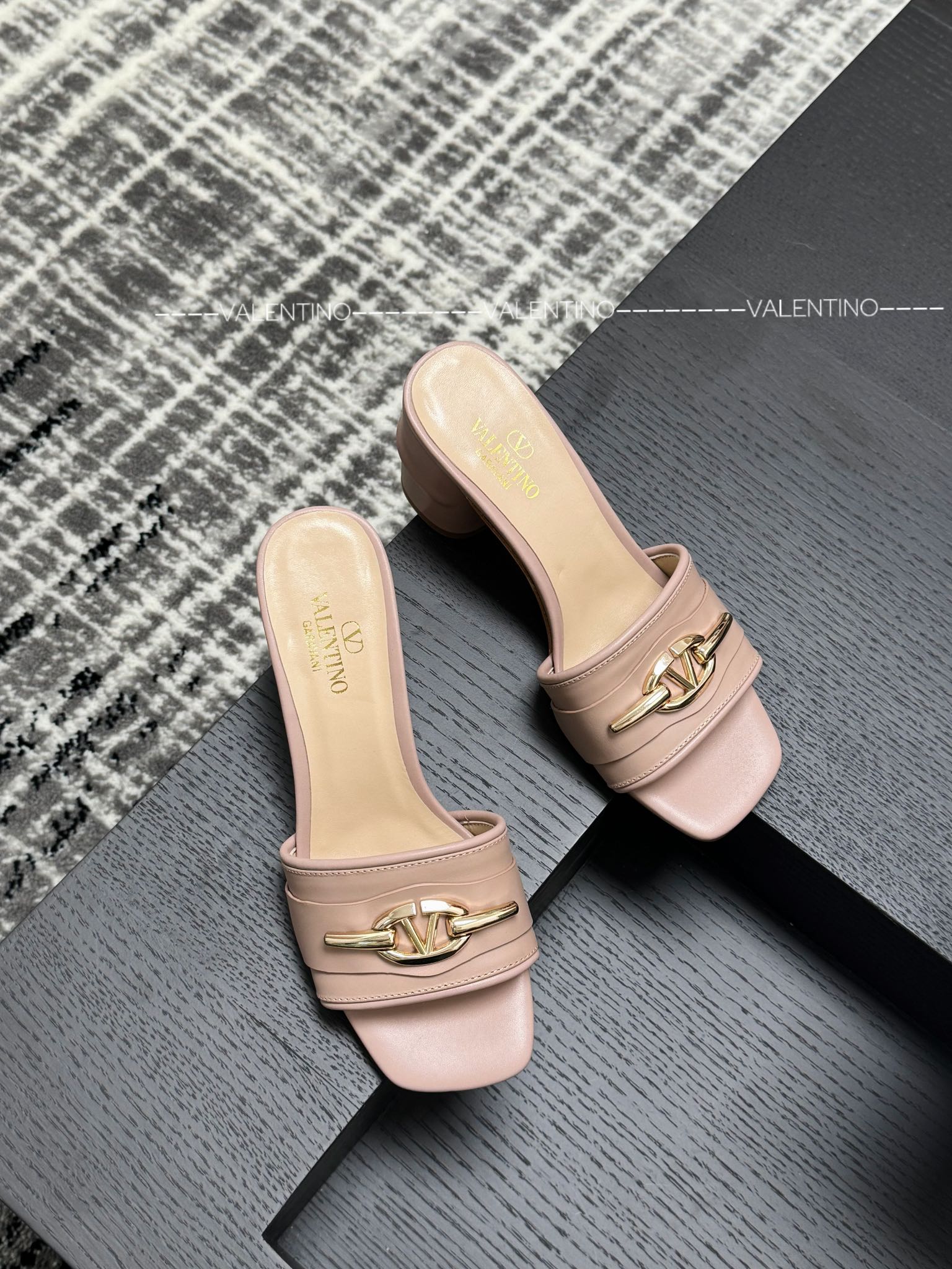 Valentino Leather Chunky Heel Slippers VLogo Buckle