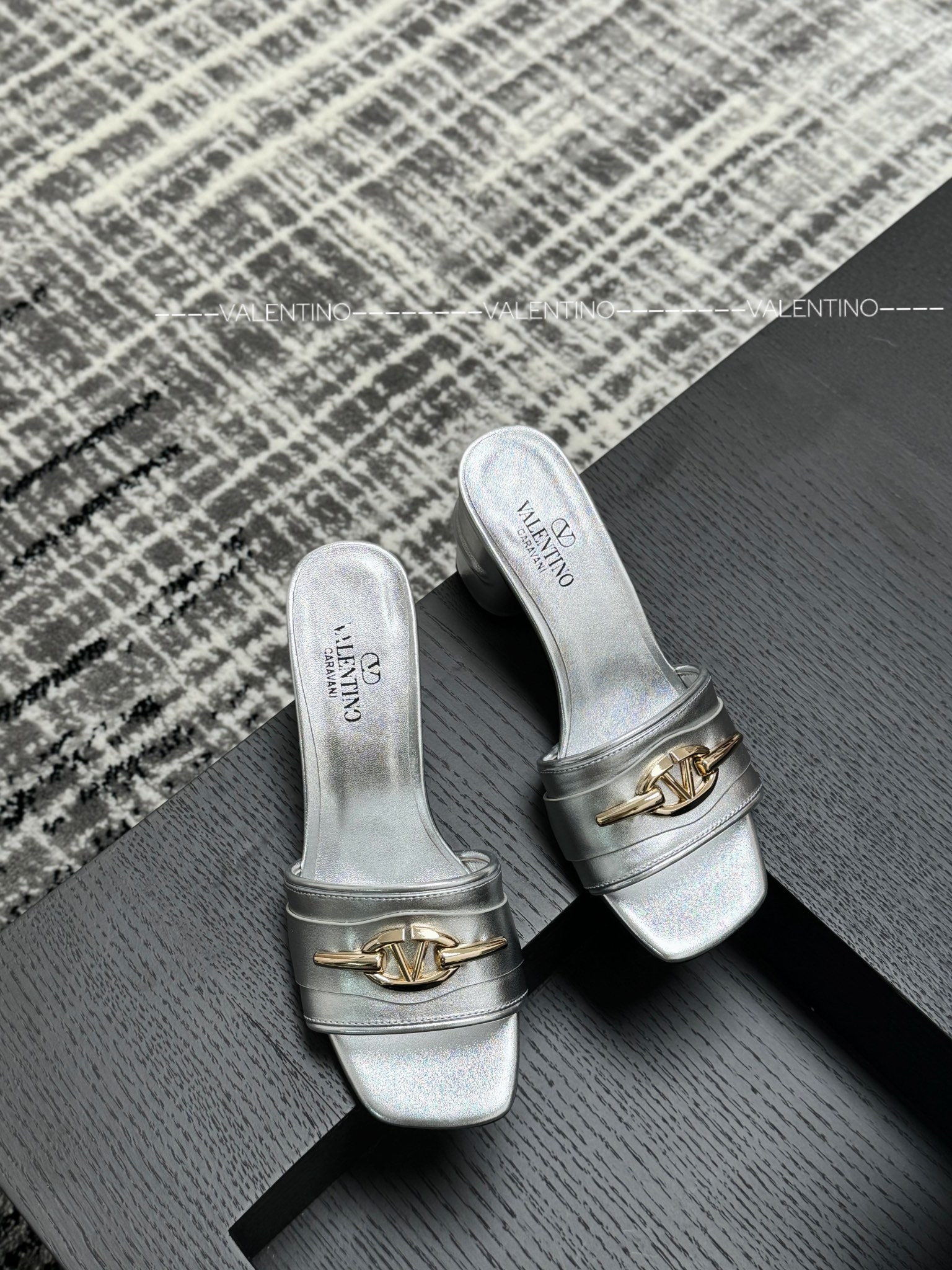 Valentino Leather Chunky Heel Slippers VLogo Buckle