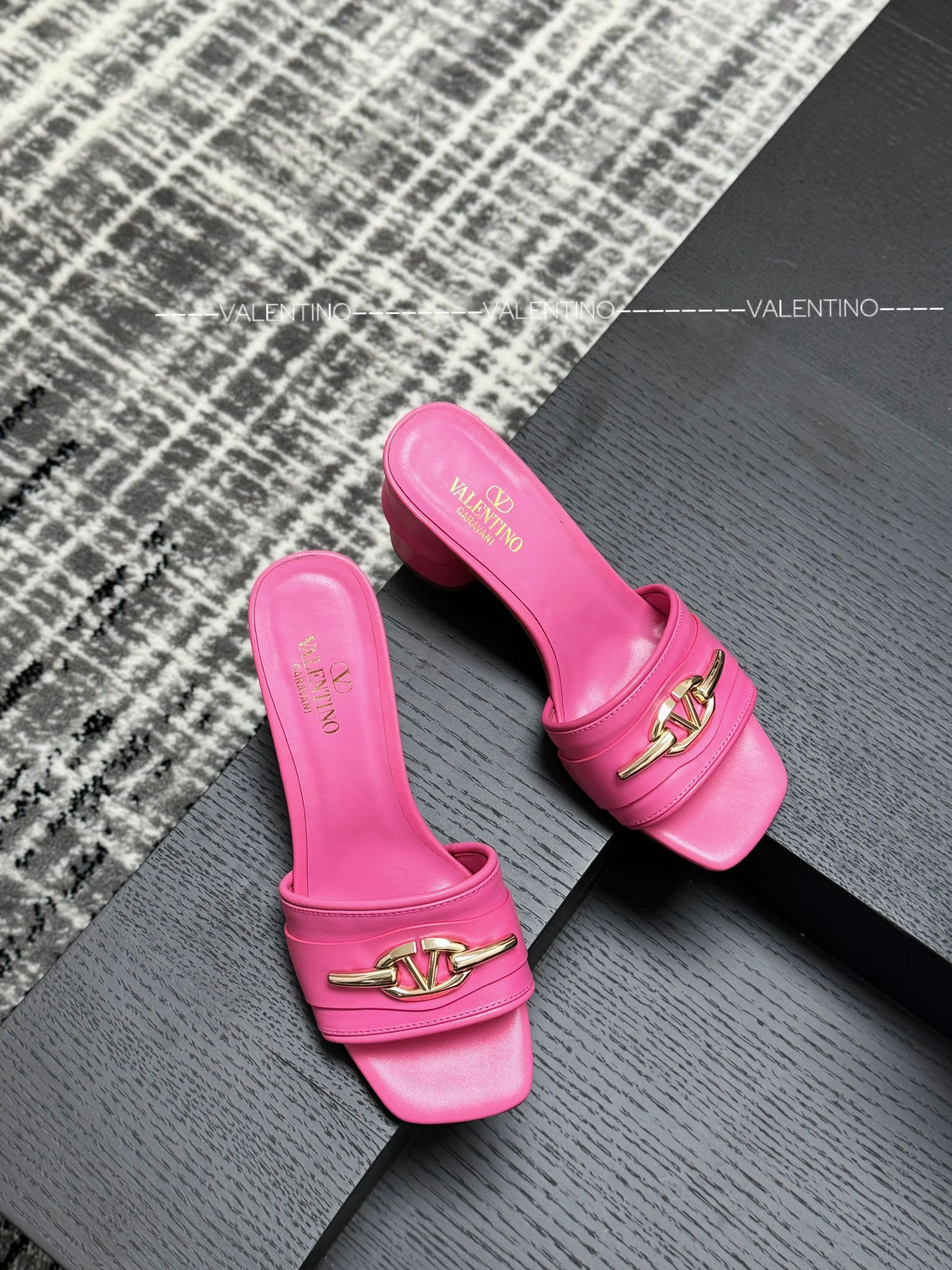 Valentino Leather Chunky Heel Slippers VLogo Buckle