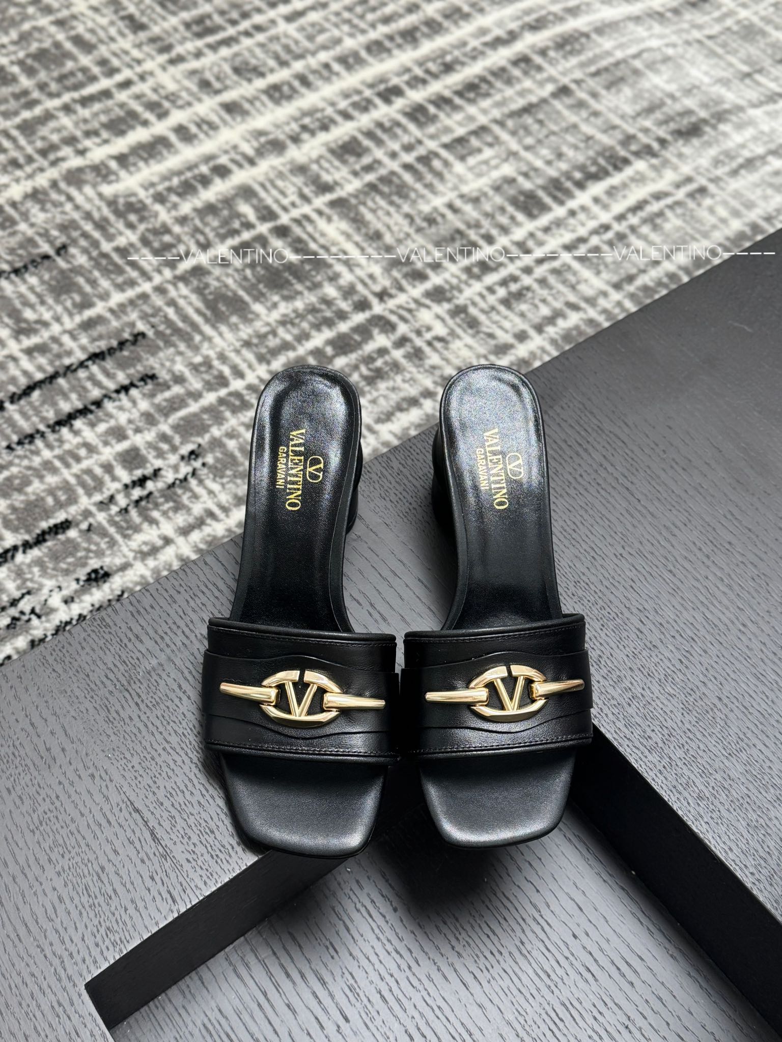 Valentino Leather Chunky Heel Slippers VLogo Buckle
