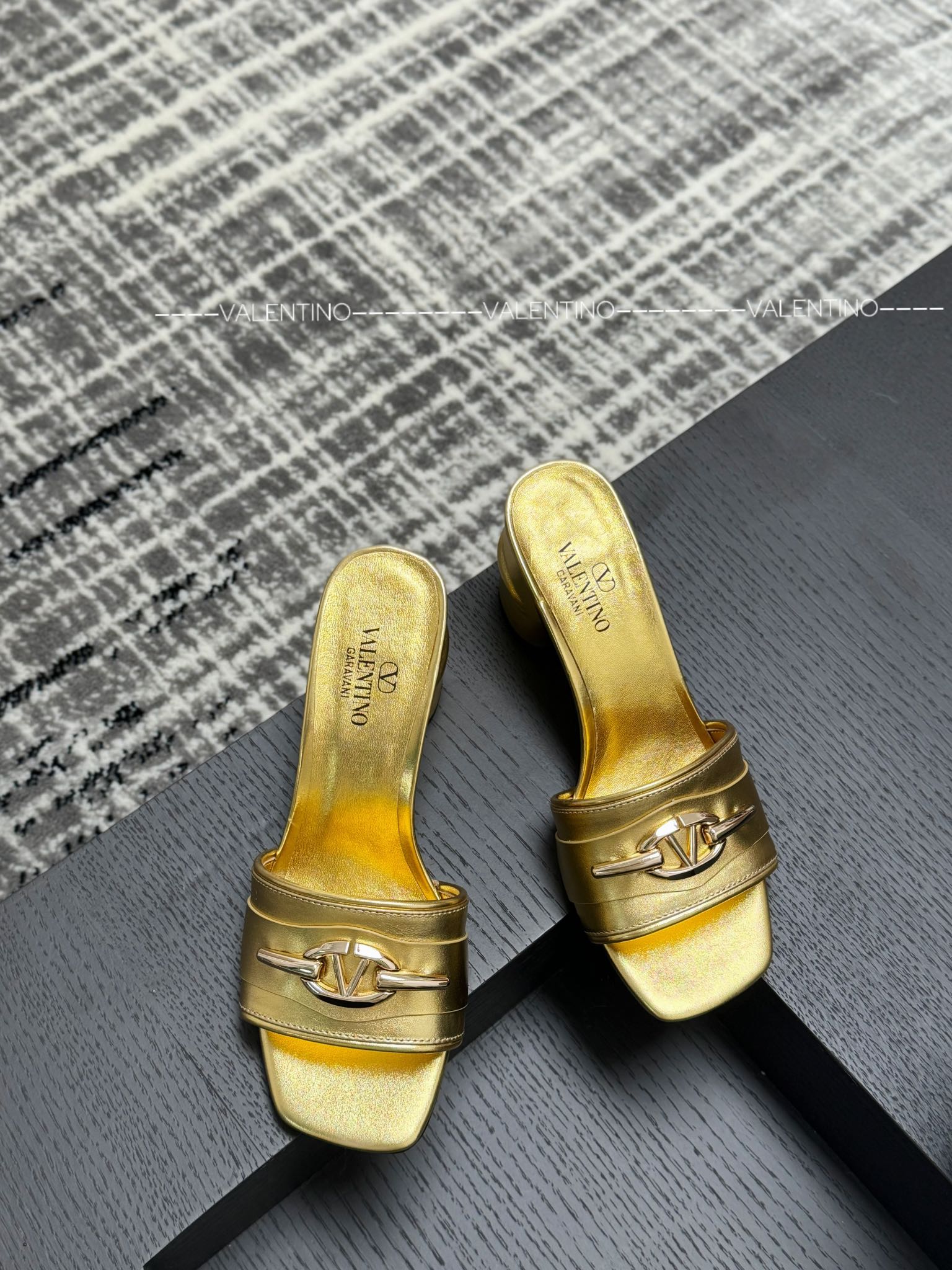 Valentino Leather Chunky Heel Slippers VLogo Buckle