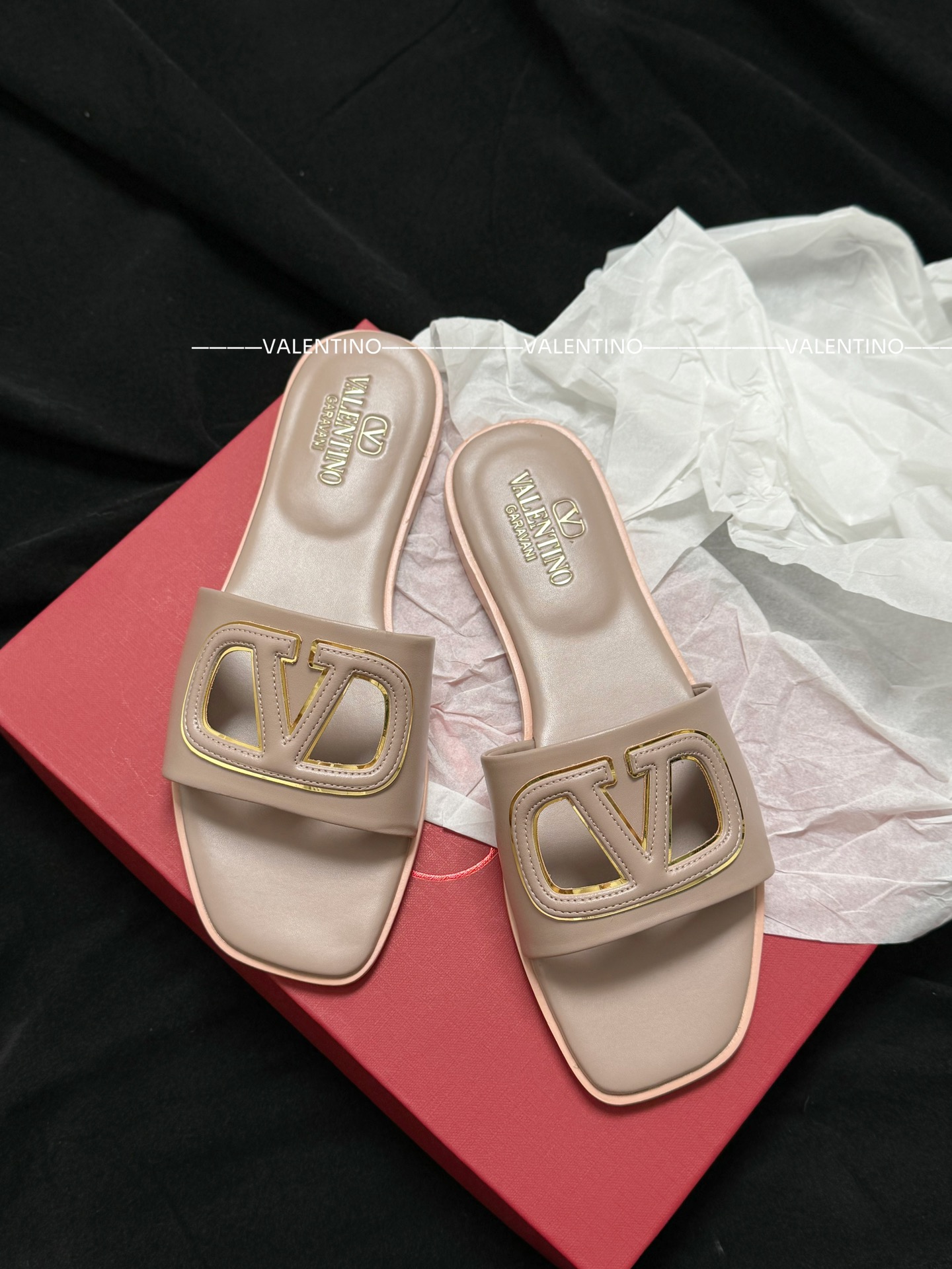 Valentino flat slippers calfskin metal V buckle