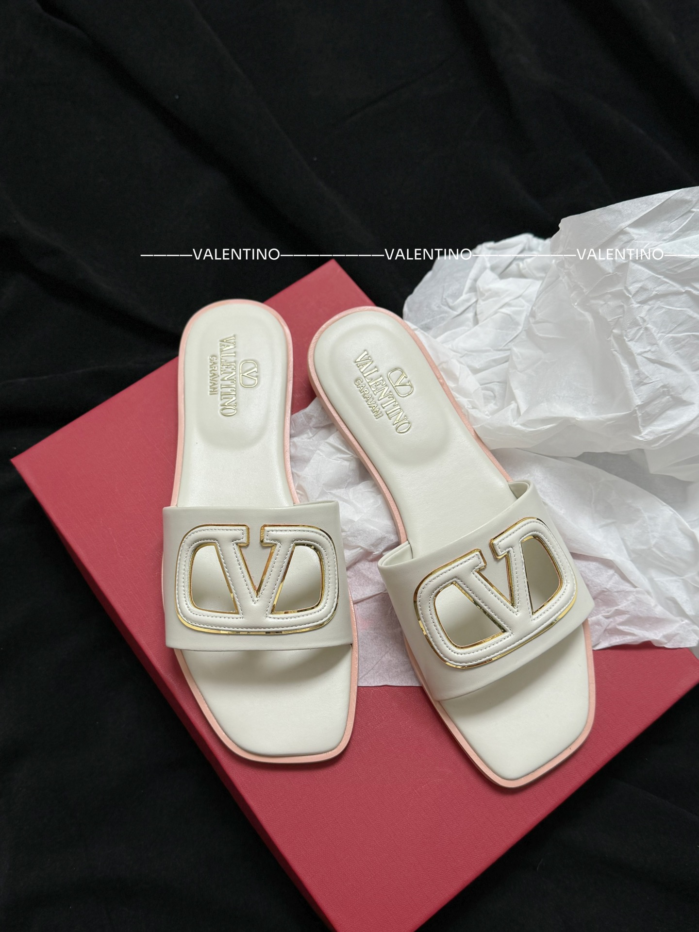 Valentino flat sandals calfskin Big V buckle white