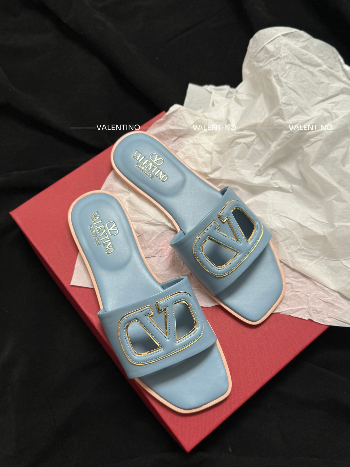 Valentino flat slippers calfskin Big V buckle light blue