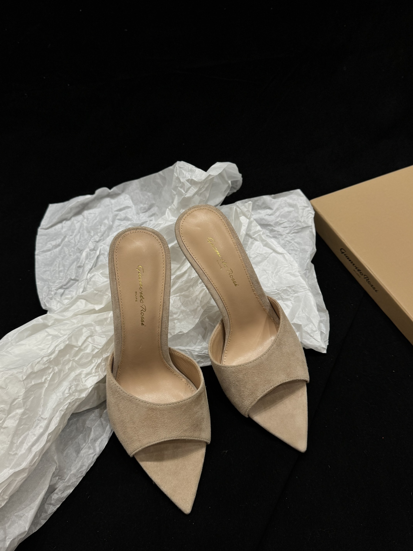 Gianvito Rossi Eiko Stiletto невысокі абцас пантофлі сандалі авечая скура + сетка + чэшскія стразы 10.5cm/8cm