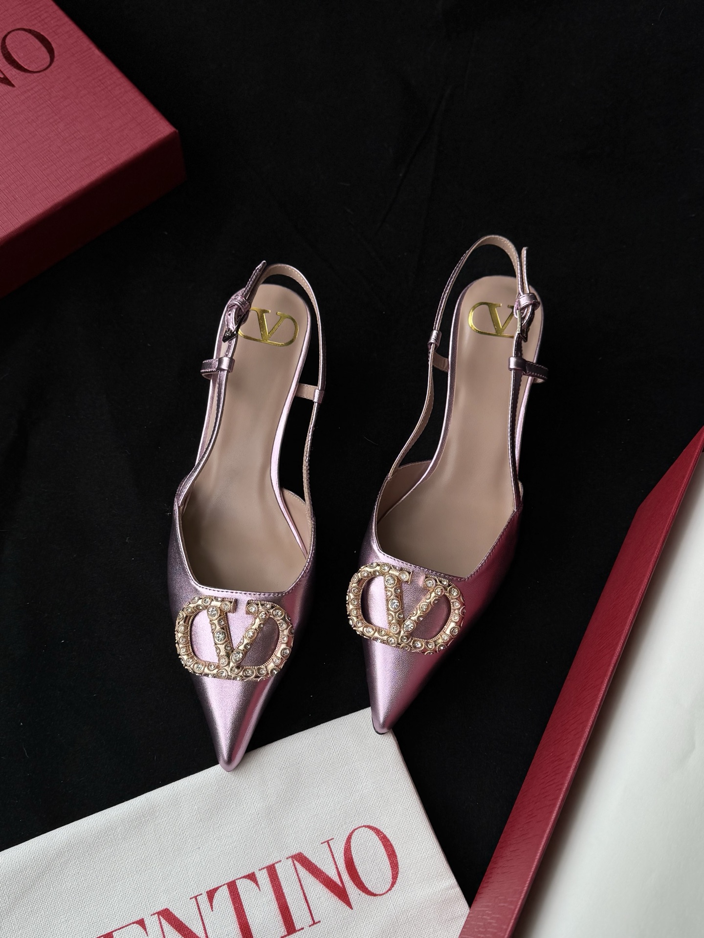 Valentino Pointed Toe Rhinestone V-Buckle Patent Leather Silk Sandals