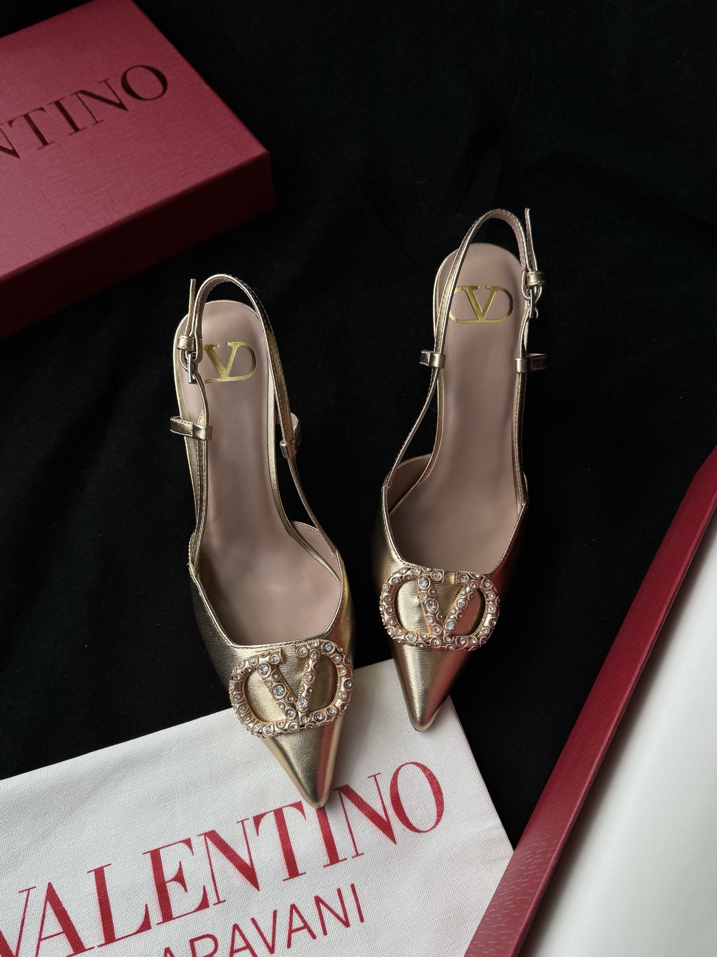 Valentino Pointed Toe Rhinestone V-Buckle Patent Leather Silk Sandals