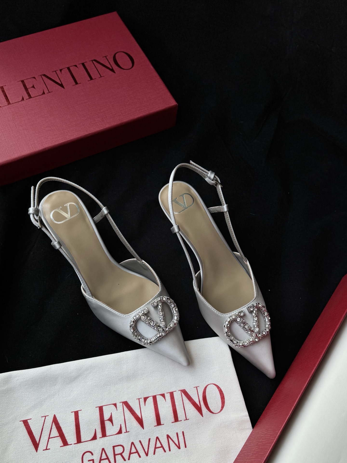 Valentino Pointed Toe Rhinestone V-Buckle Silk Metallic Patent Leather Sandals