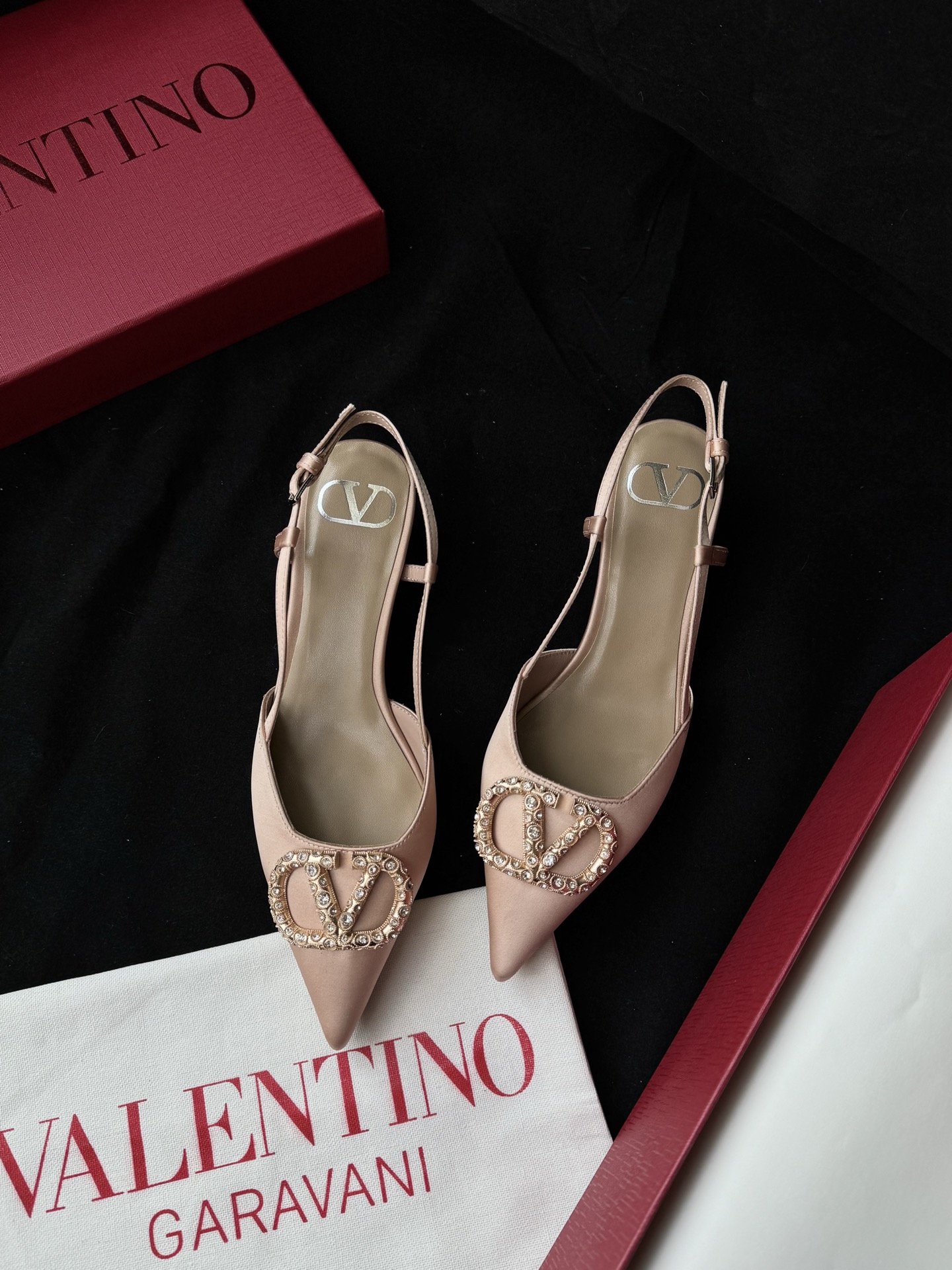 Valentino Pointed Toe Rhinestone V-Buckle Silk Sandals