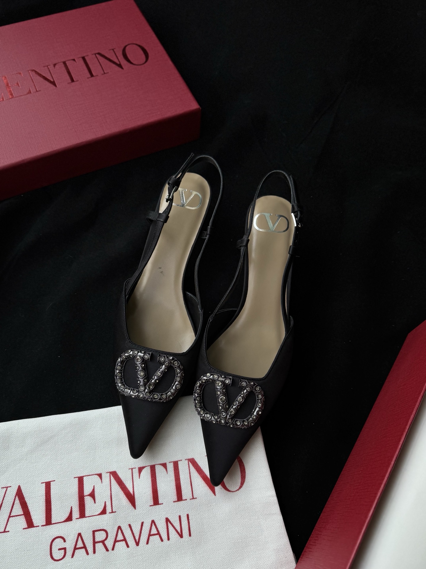 Valentino Sandals Metallic Patent Leather Silk Rhinestone V-Buckle Pointed Toe Stiletto