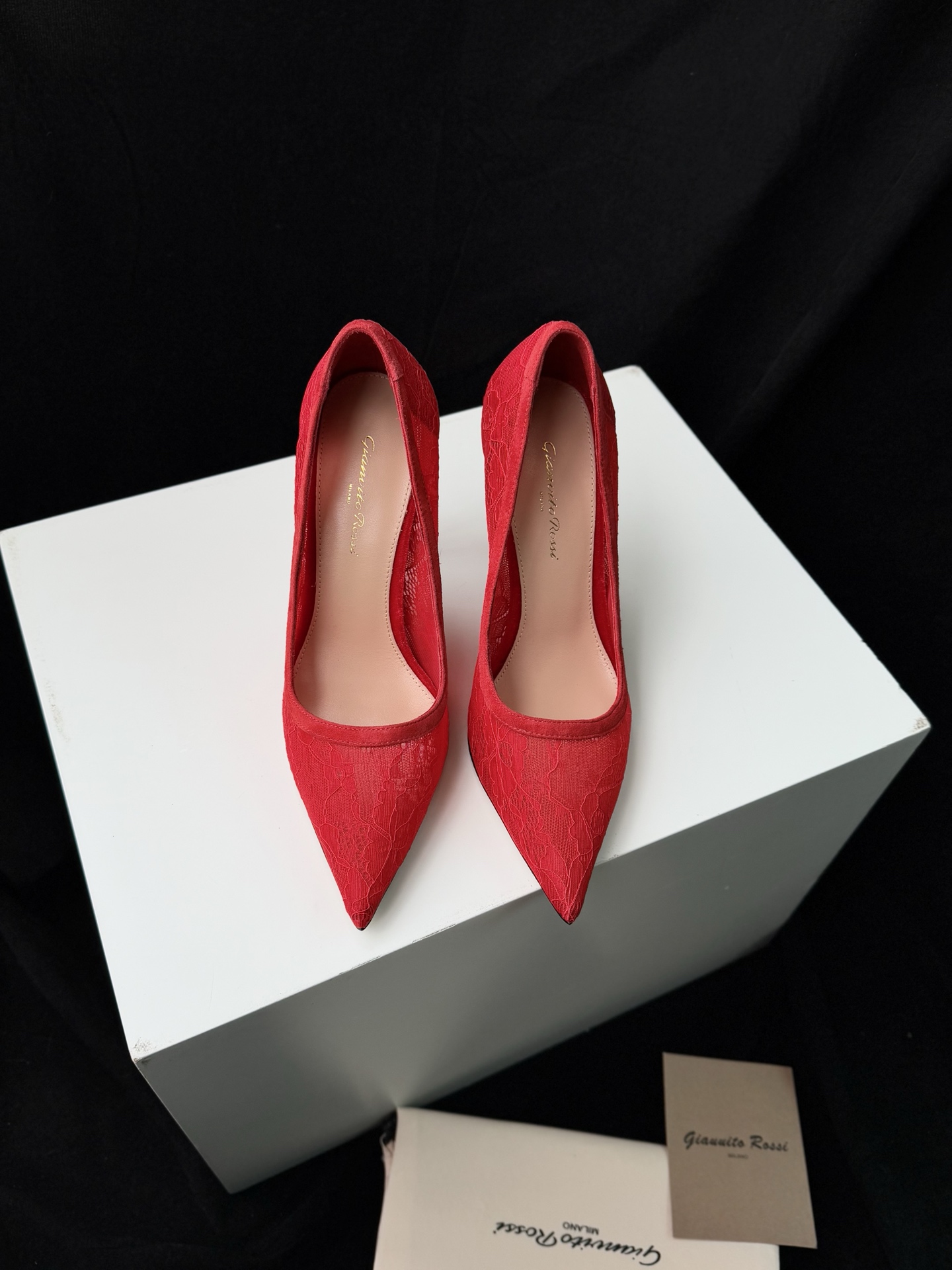 Gianvito Rossi Escarpins à bout pointu, chaussures plates, version améliorée, dentelle et cuir de chèvre, semelle en cuir véritable italien