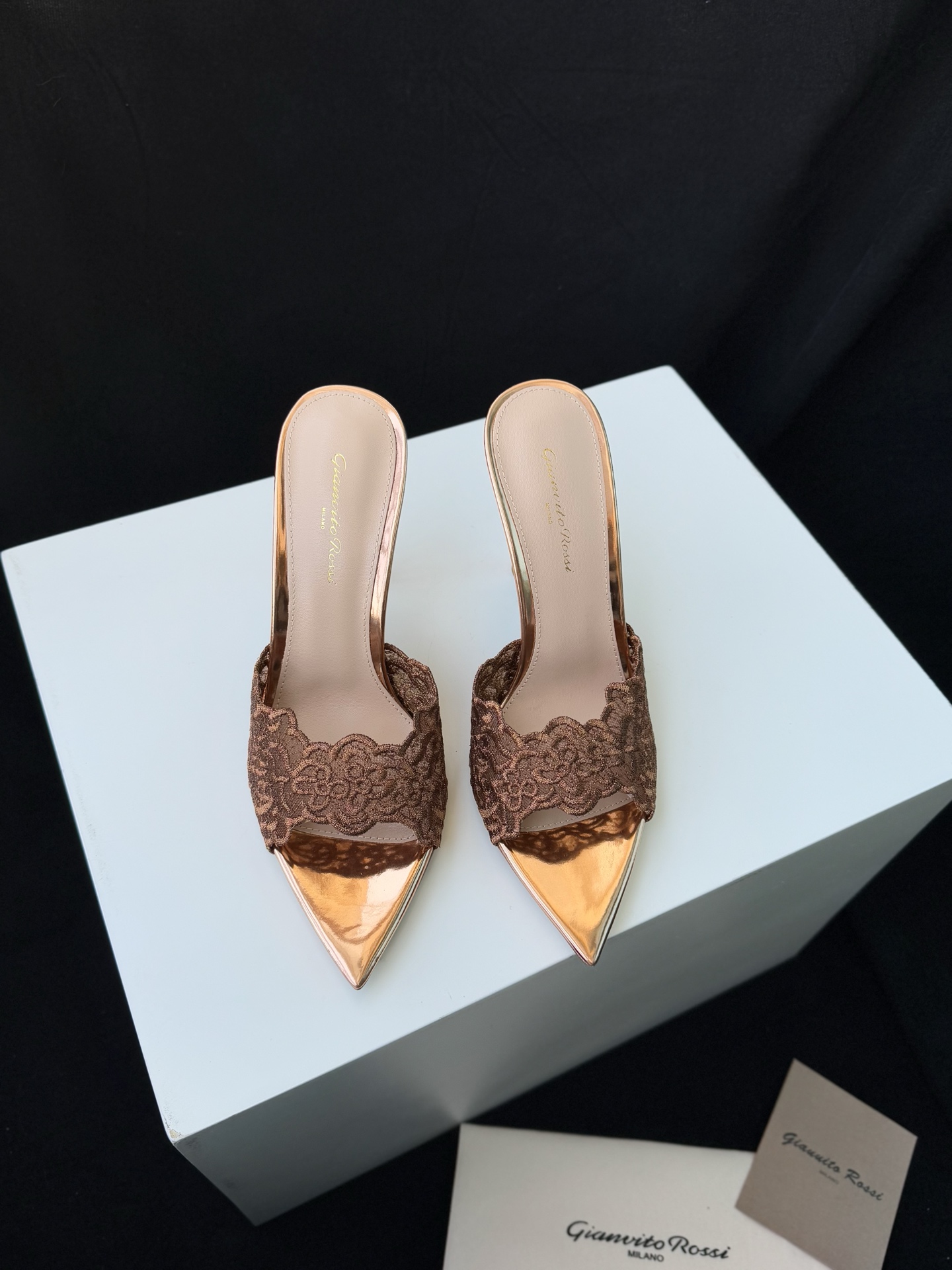 Gianvito Rossi Eiko Stiletto talons hauts mules sandales cuir nubuck + mesh + strass tchèques 10.5cm/8cm
