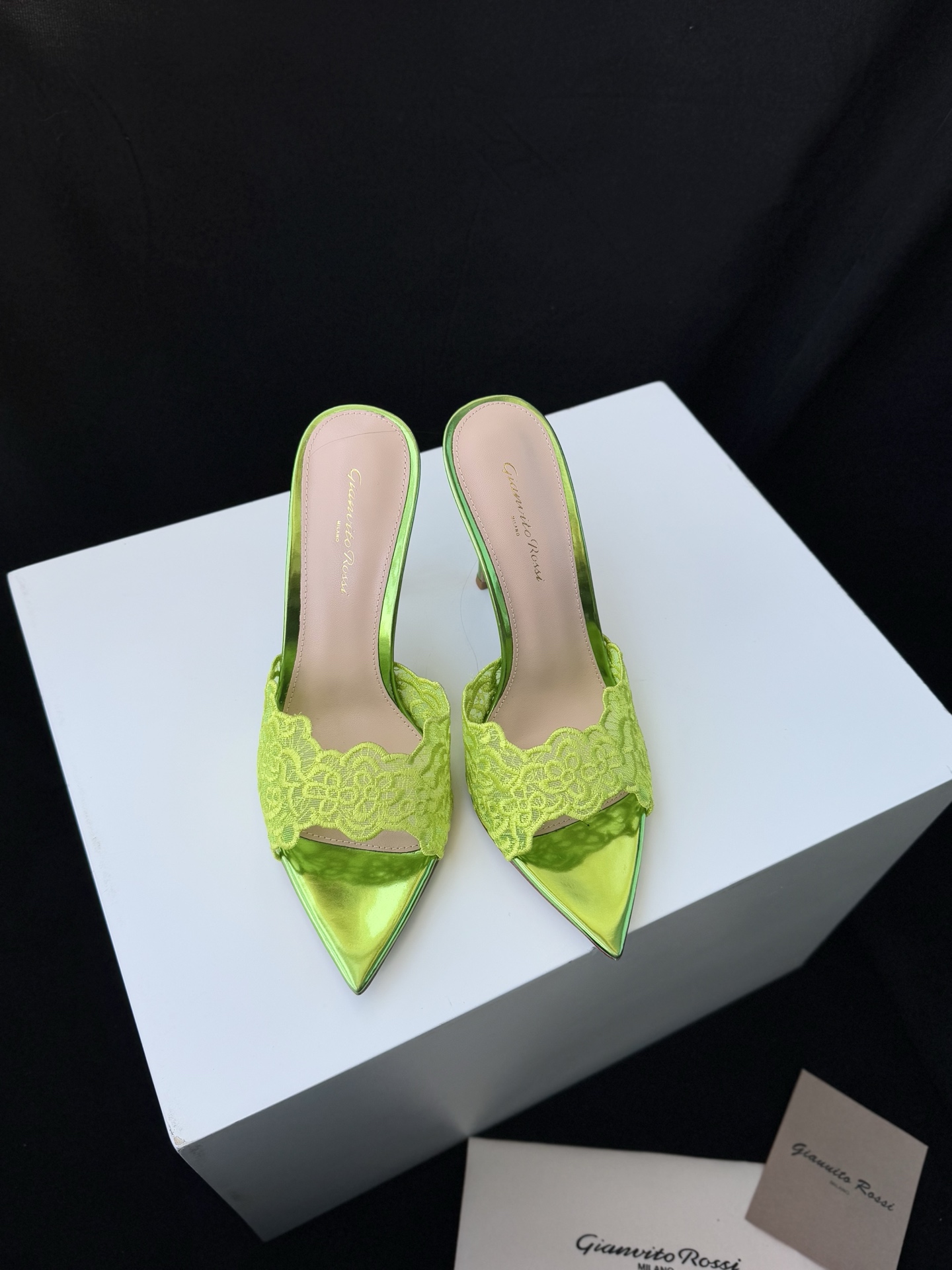 Gianvito Rossi Eiko Stiletto talons hauts mules sandales cuir de chèvre + mesh + strass tchèques 10.5cm/8cm