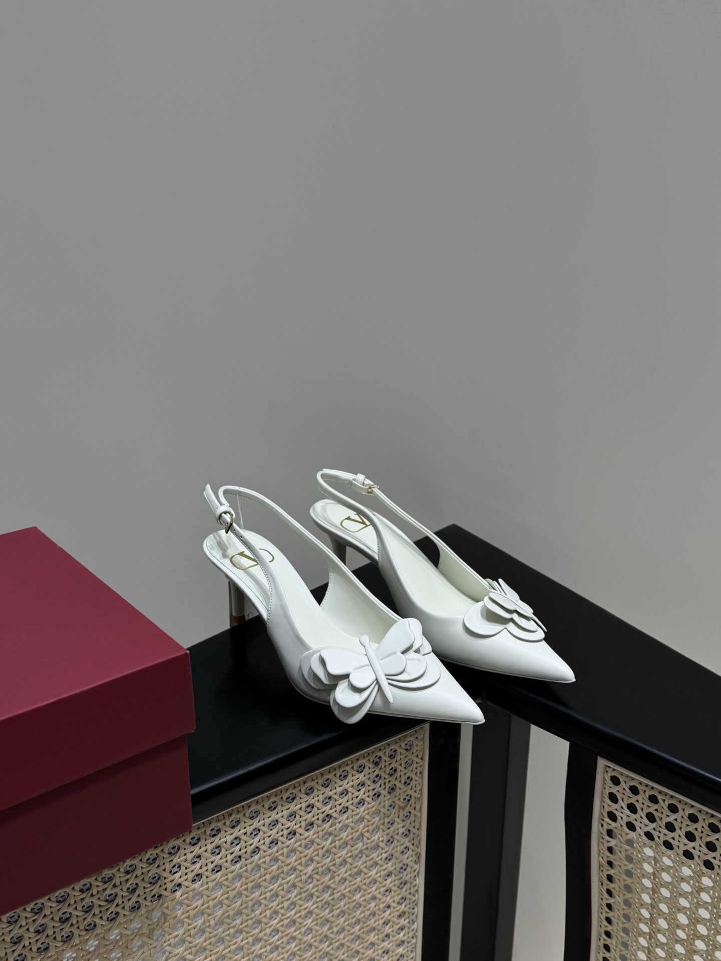 Valentino Pointed Toe Butterfly Embellished Leather Slingback High Heels