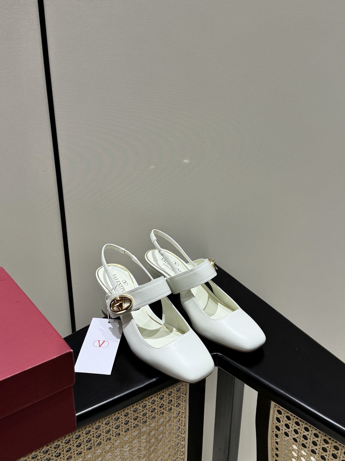 Valentino Mary Jane White Block Heel Leather VLogo