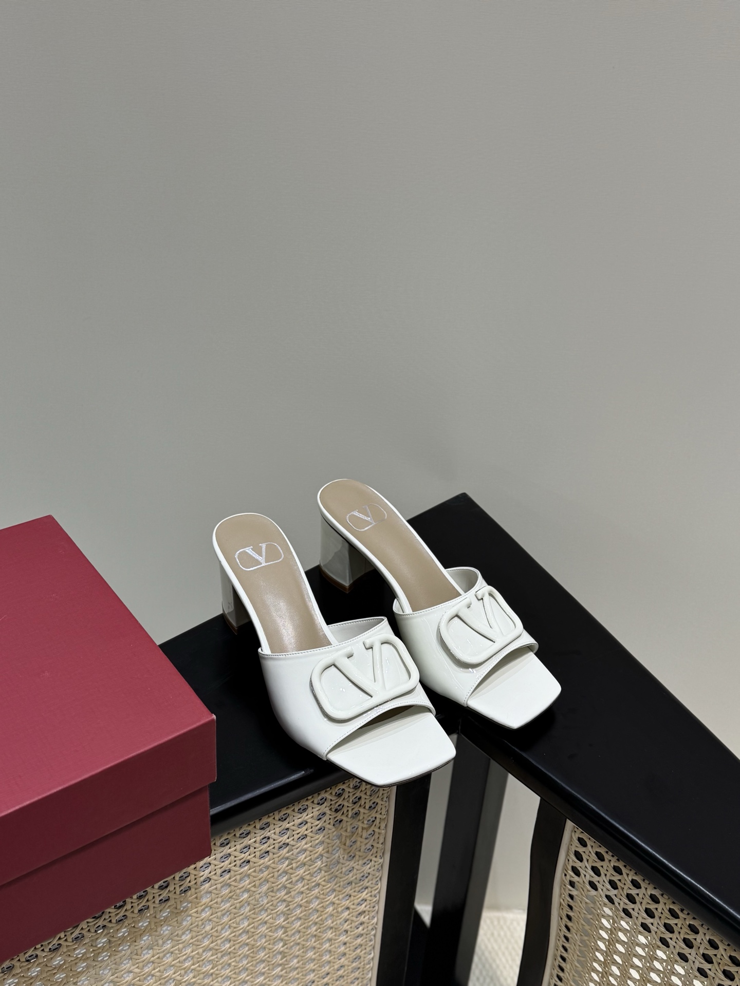 Valentino White Block Heel Open Toe Mules with Big V Buckle