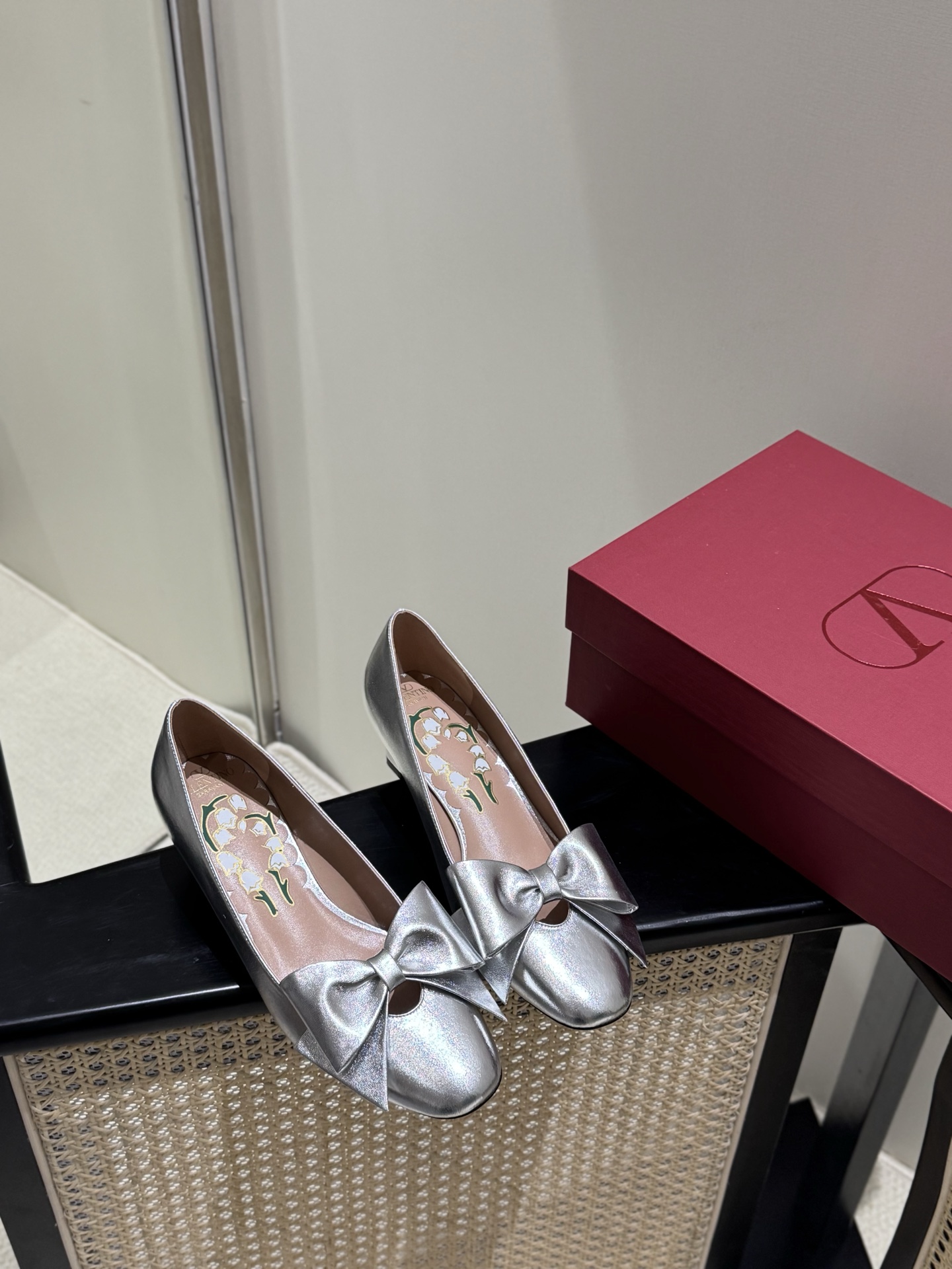 Valentino Mary Jane Bow Fabric Leather Silver